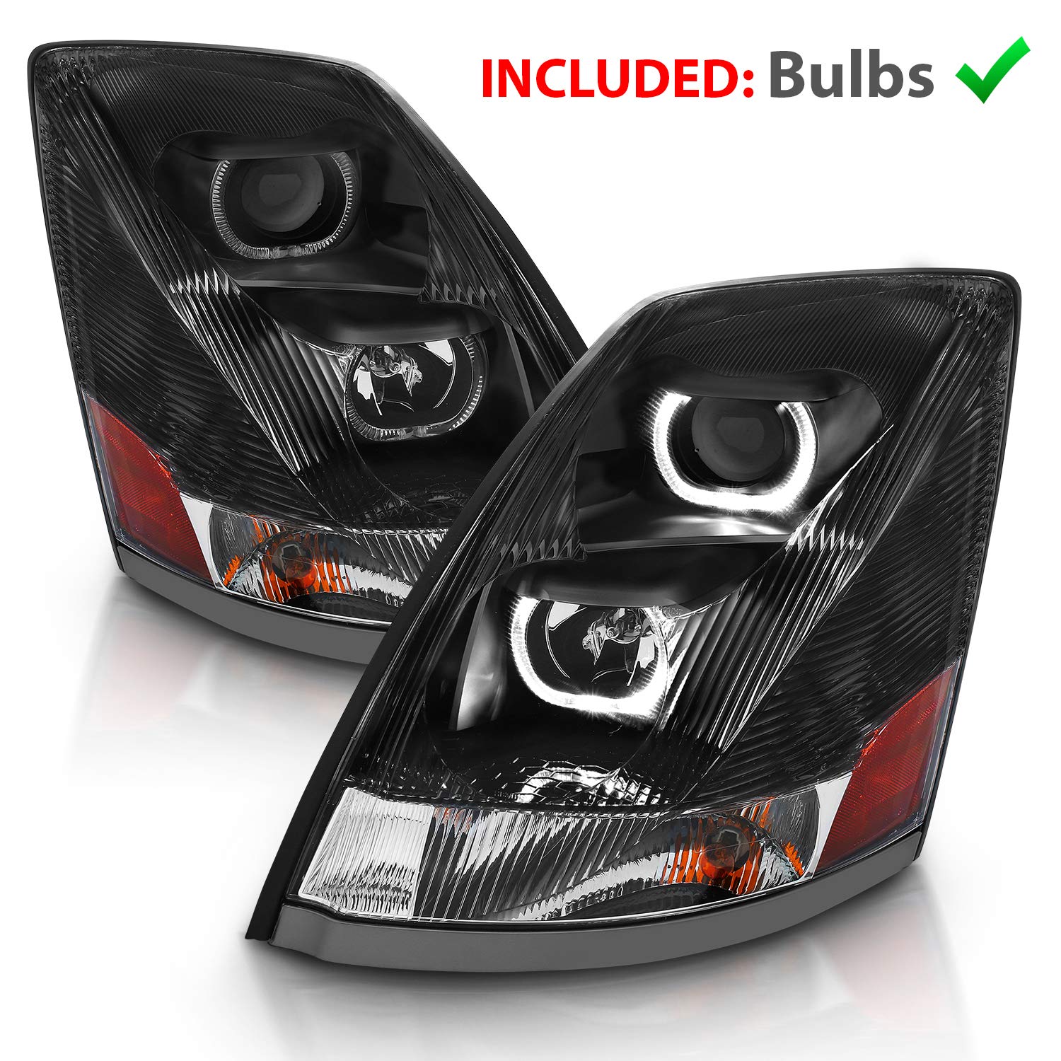 AmeriLite Black Dual LED Halo Projector Headlights for 2004-2017 Volvo VN/VNL Heavy Truck - High Visibility Replacement Lights for Night Driving & Foggy Conditions