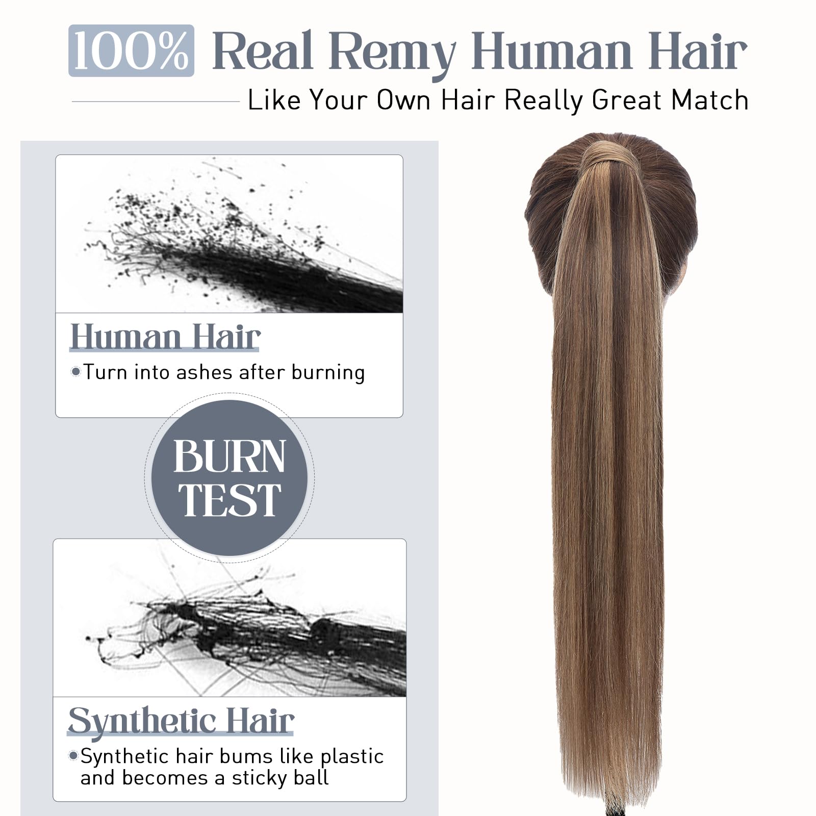 Premium Human Hair Ponytail Extension #4P27 - Medium Brown with Dark Blonde Highlights - 22 Inch Straight Clip-In Wrap Around Ponytail (90g) for Women - Perfect for Parties, Weddings & Everyday Styling
