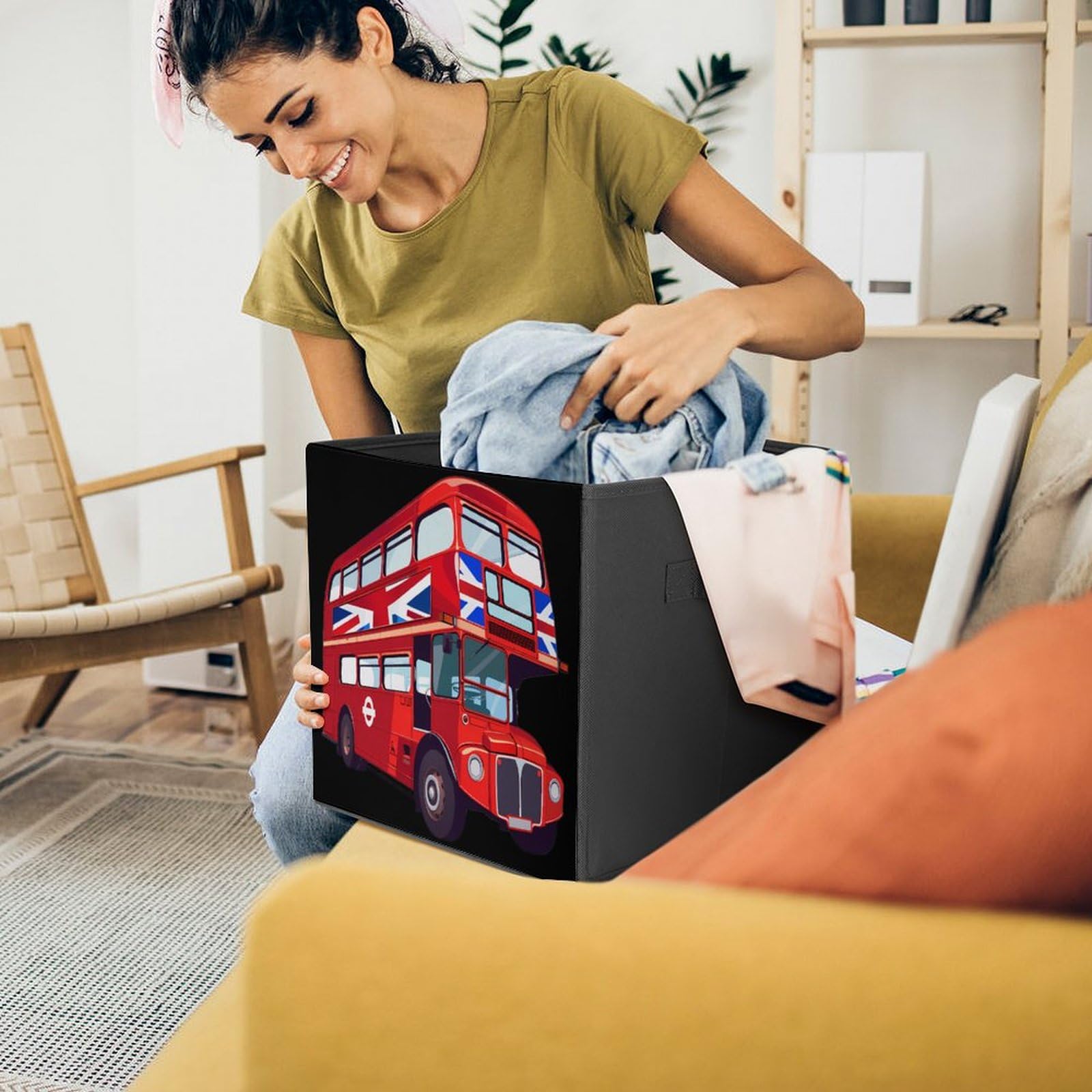 London UK Red Double Decker Bus Folding Storage Bins - 4 Pack Collapsible Organizer Baskets with Handles for Kids Room, Bathroom & Office Organization
