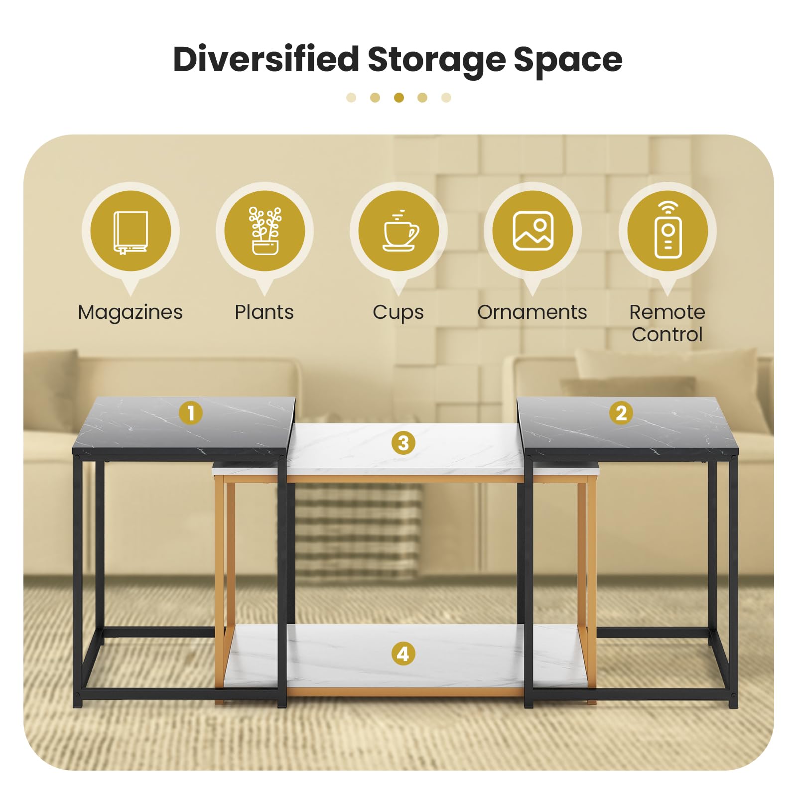 COSTWAY 3-Piece Nesting Coffee Table Set with Faux Marble Top & Heavy-Duty Metal Frame - Modern Rectangular End Tables for Small Spaces, Living Room, Bedroom | Perfect for Sofa Side Tables, Coffee Table Decor & Compact Home Furniture