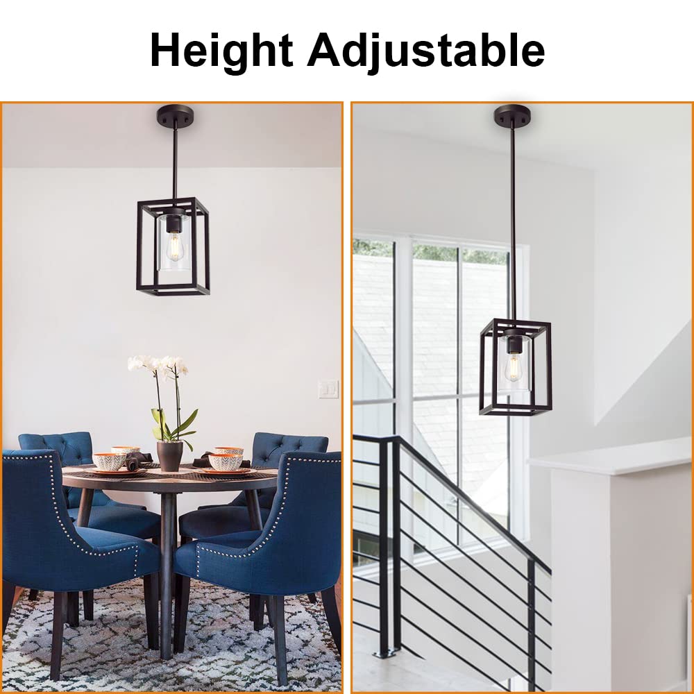 VINLUZ Modern 1-Light Cage Kitchen Island Pendant Light with Glass Shade, Oil Rubbed Bronze Chandelier for Dining Room, Bedroom, Hallway - Semi Flush Mount Ceiling Lighting Fixture for Kitchen, Living Room & Entryway