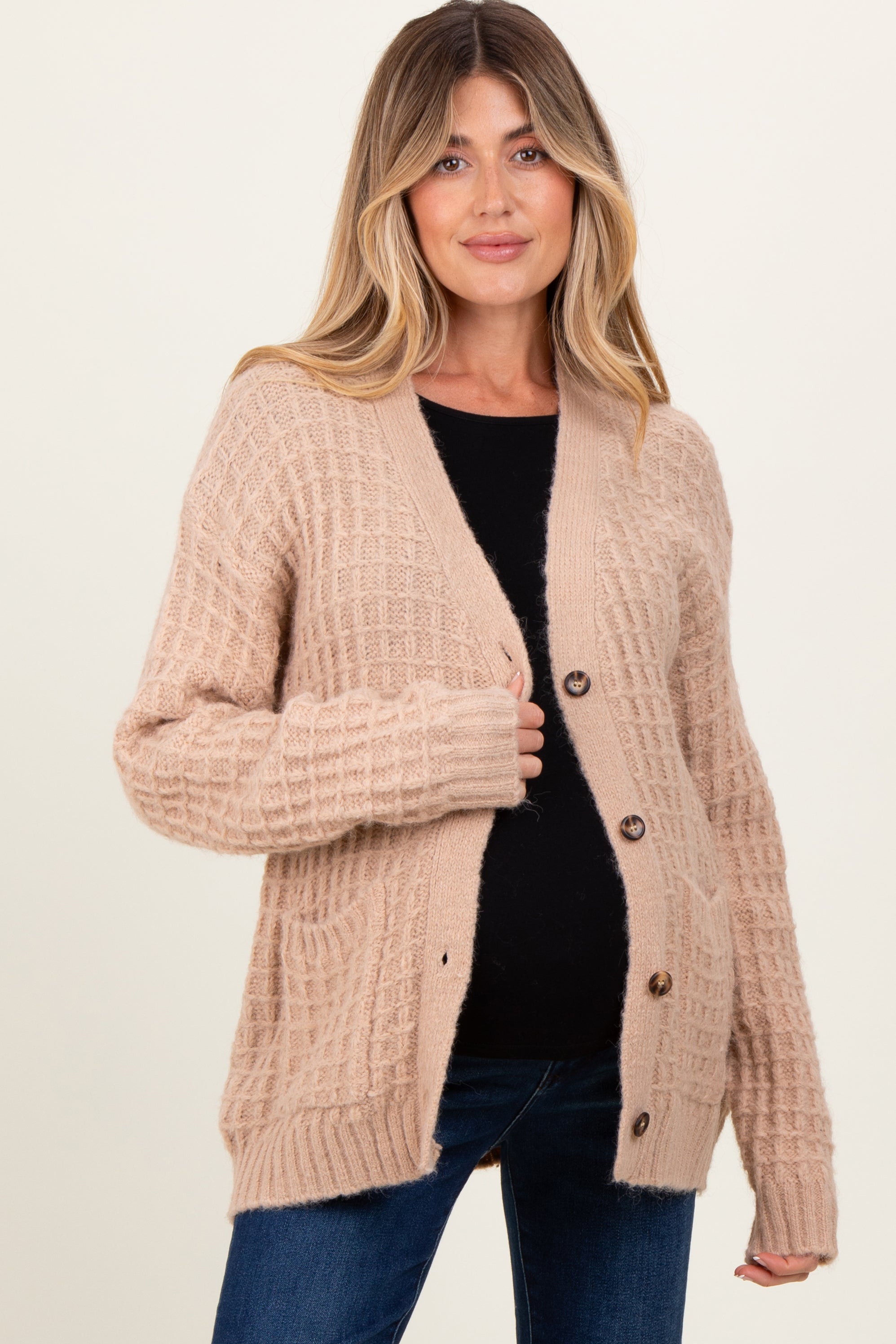 Beige Waffle Knit Button Up Maternity Cardigan for Women - Soft Nursing Sweater for Pregnancy & Breastfeeding - Cozy Fall & Winter Layering Essential