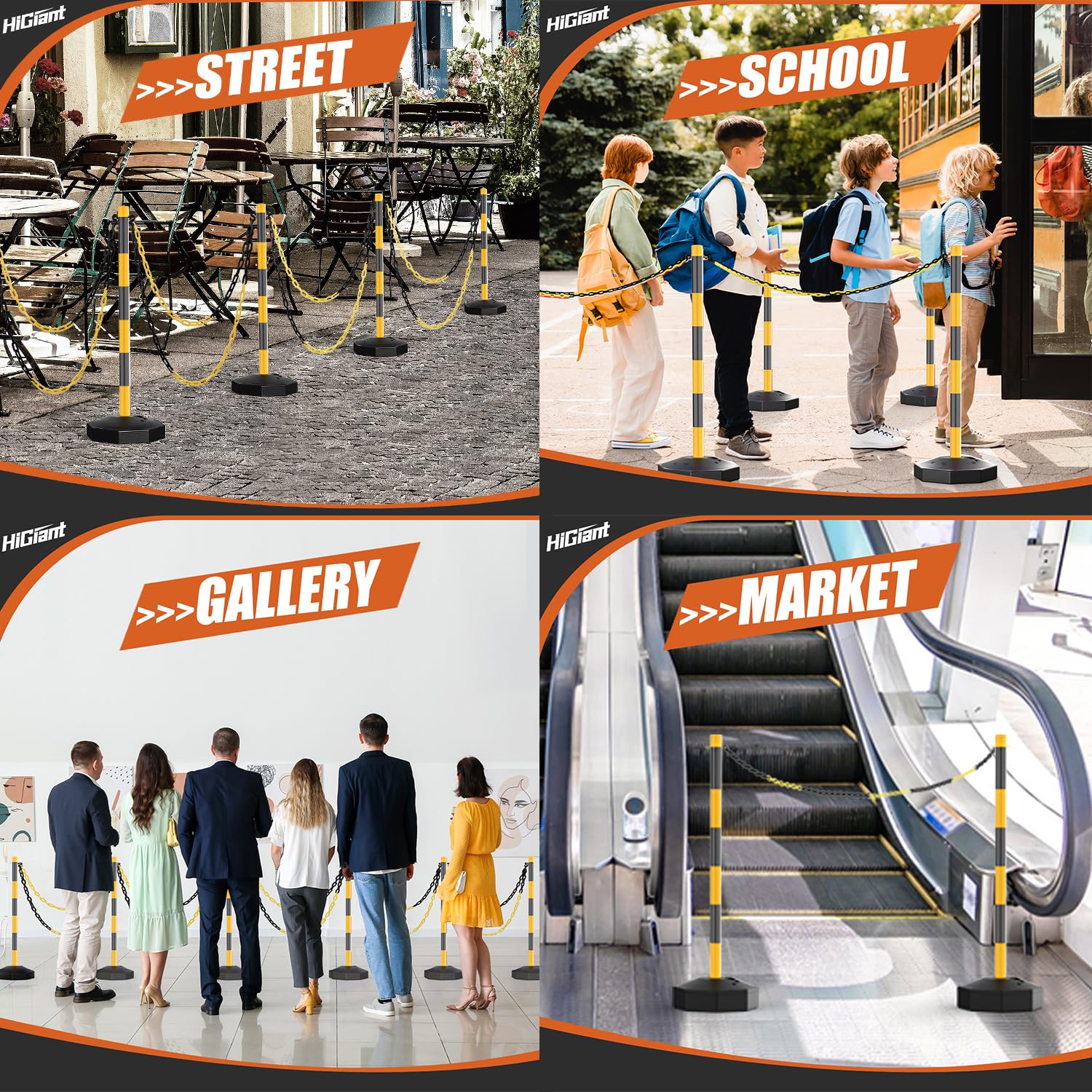 HiGiant 4 Pack Portable Delineator Cones with Fillable Base - Expandable Traffic Safety Barriers, 8Ft Chain Stanchion for Parking Lots, Construction Sites & Road Work | Black & Yellow Safety Cones for Crowd Control & Event Management