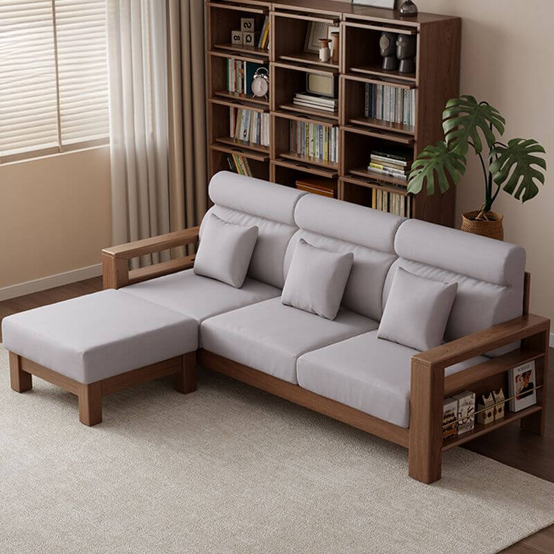 Minimalist Modern 4-Seater Sofa Couch with Square Arm, Storage Ottoman & 2 Pillows - Dark Grey/Cream - Perfect for Living Room, Lounge & Small Spaces
