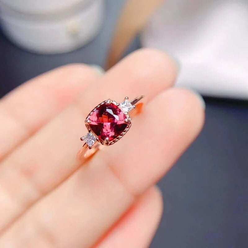 Rhodolite Red Garnet Three Stone Ring | 14K Gold Plated | Elegant Jewelry for Women | Perfect for Weddings, Anniversaries & Special Occasions