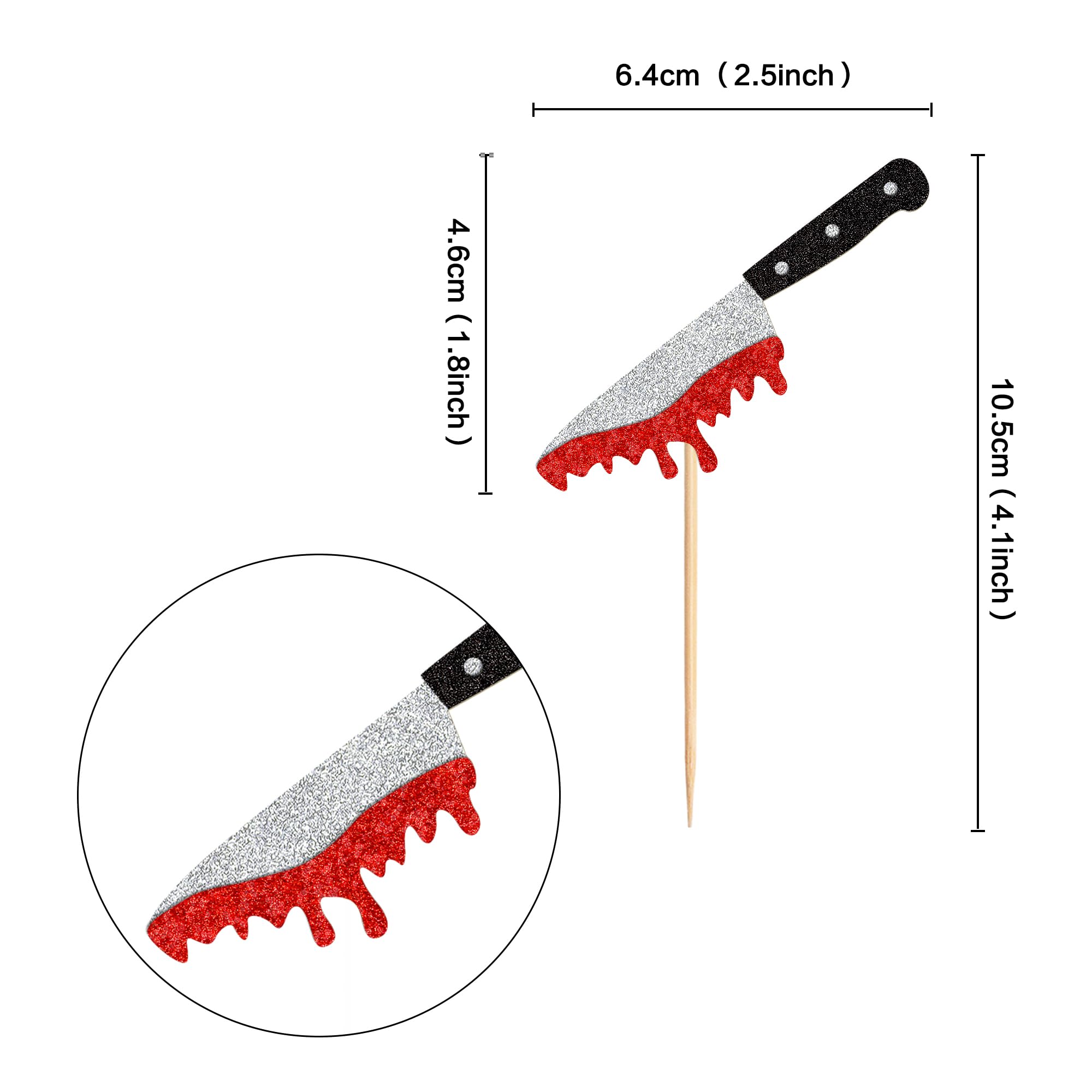24 Pack Halloween Knife Cupcake Toppers - Glitter Bloody Horror Cake Picks for Halloween, Birthday & Baby Shower Party Decorations - Perfect for Spooky Themed Cakes, Cupcakes and Desserts
