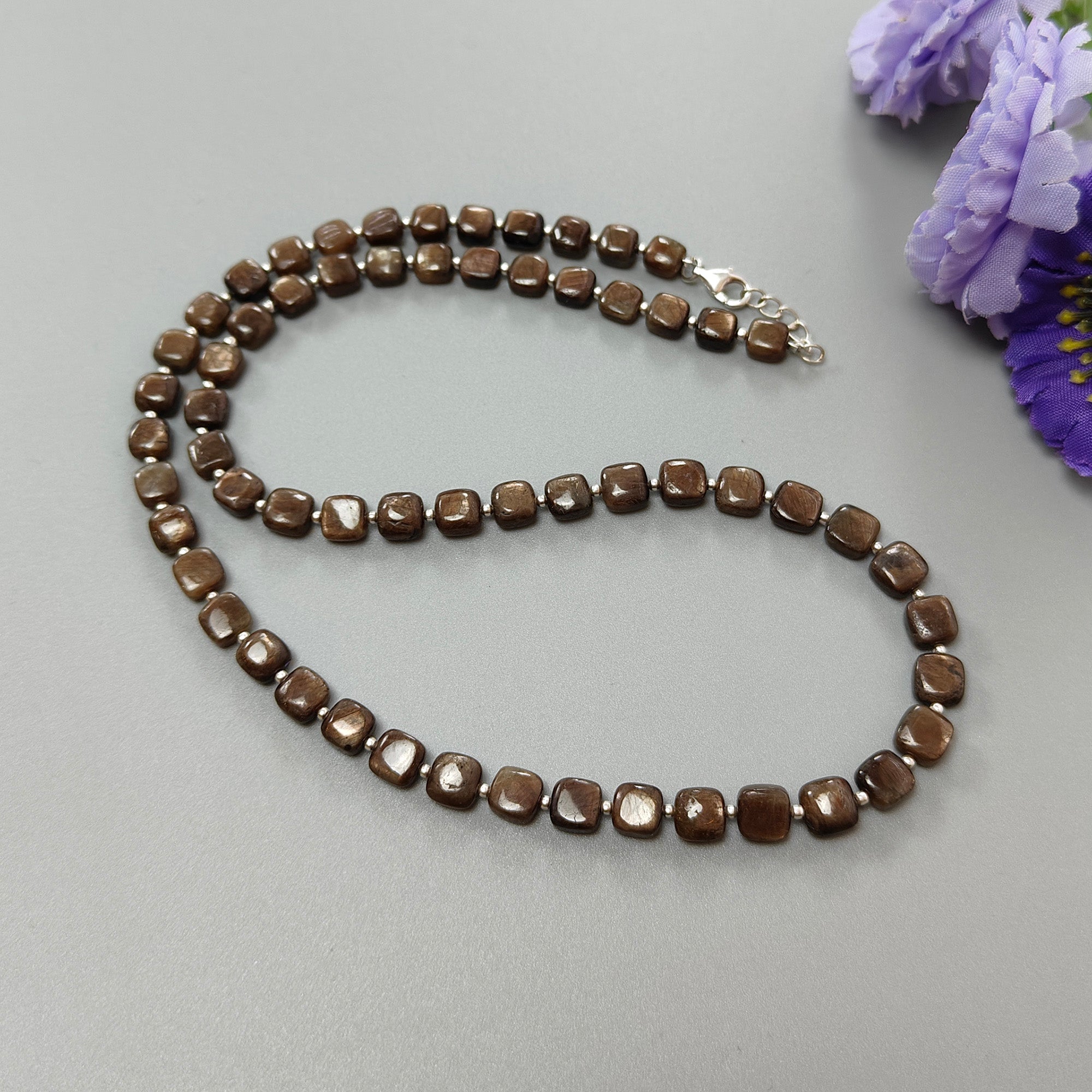 Golden Brown Chocolate Sapphire Gemstone Beads Necklace - 27.30g Natural Plain Cushion Briolette Sapphire 925 Sterling Silver 6mm 7mm 20
