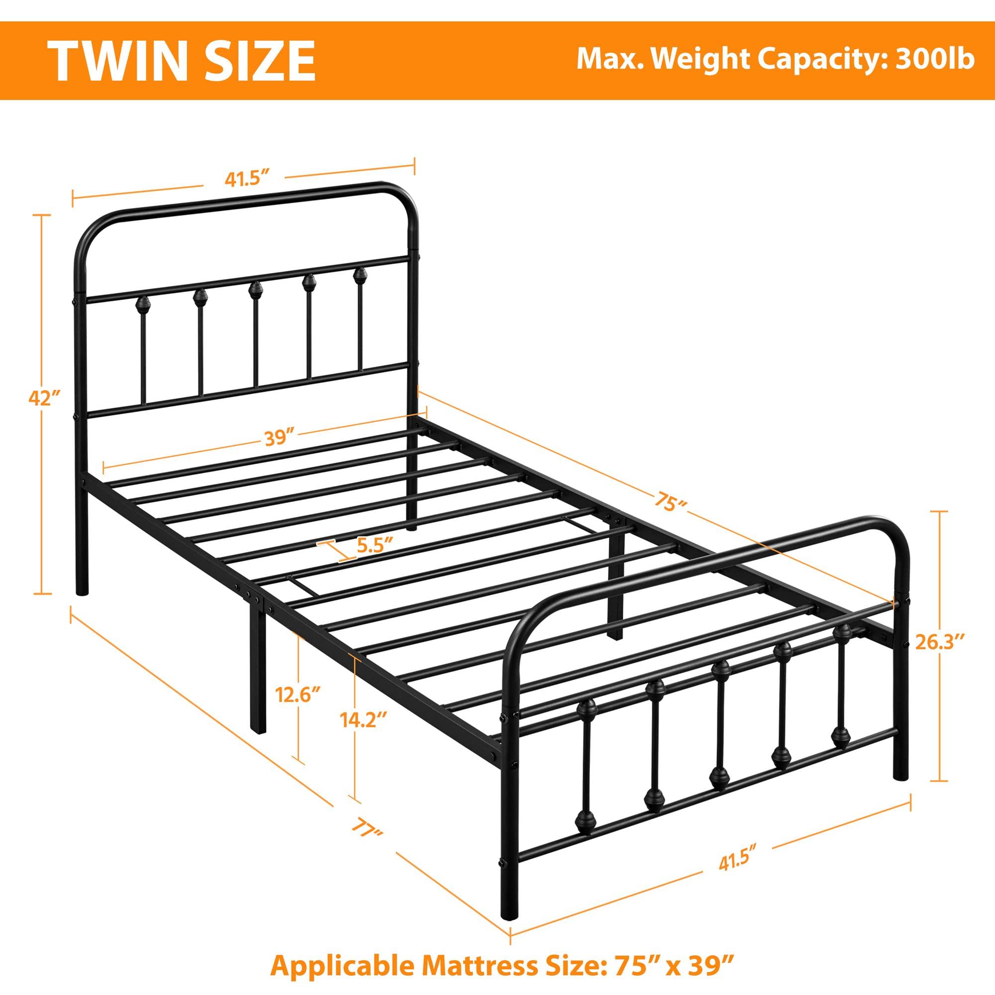 Topeakmart Twin Size Victorian Style Metal Bed Frame with Headboard - No Box Spring Needed, Sturdy Slat Support & Under Bed Storage - Perfect for Small Bedrooms, Guest Rooms & Dormitories (Black)
