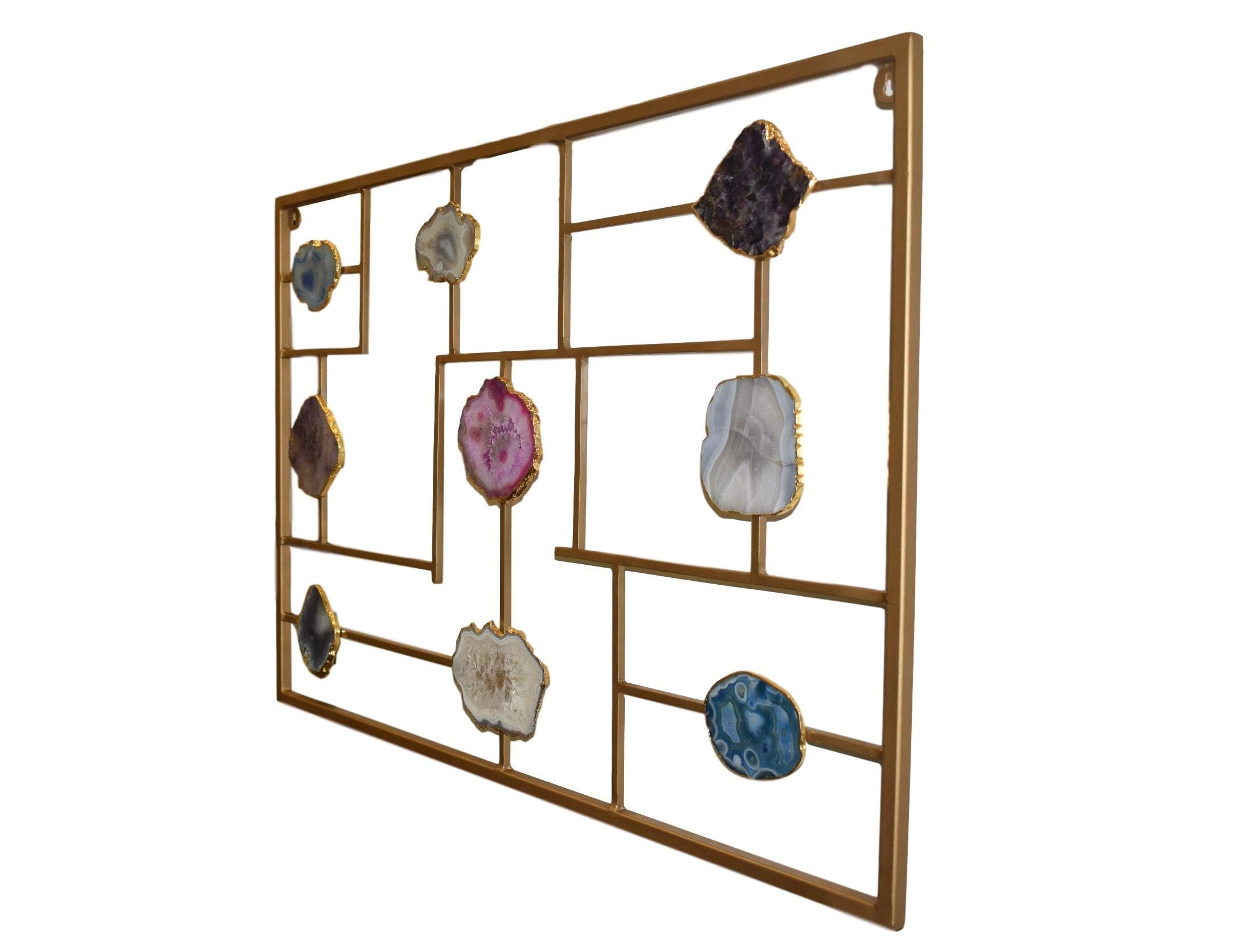 Natural Agate Slices Wall Art - Framed Blue, Brown, Pink, Gray & Gold Healing Crystal Geode Decor - 36 Inch Modern Home & Office Decoration - Perfect for Living Room, Bedroom or Workspace Décor