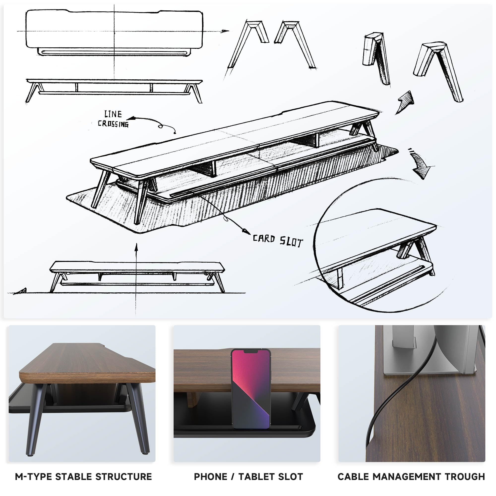 Dual Monitor Stand for 2 Screens - 42.5 Inch Wooden Desk Shelf with Storage Organizer & Cable Management - Perfect for Home Office Setup, Gaming Station, and Workspace Organization