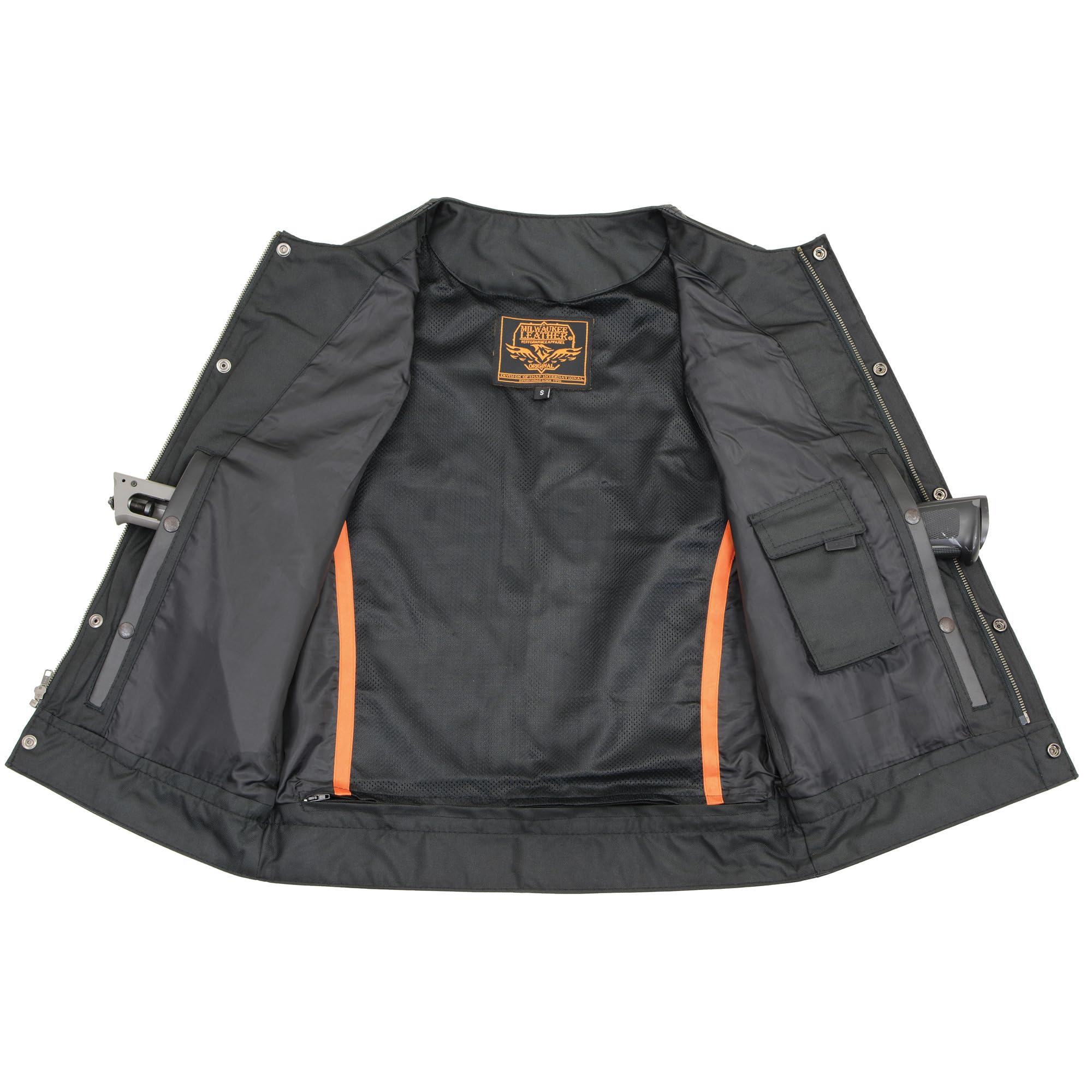Milwaukee Leather SOA Men's Black Motorcycle Vest with Zipper & Snap Closure - Gun Pockets for Concealed Carry - Perfect for Bikers & Motorcycle Riders - LKM3711