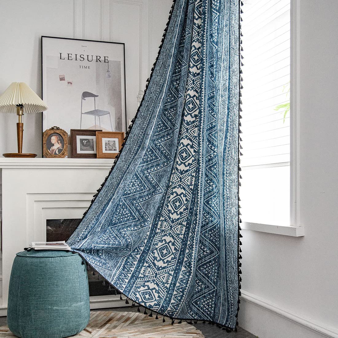 Boho Geometric Pattern Window Curtains with Tassel - Semi Blackout Cotton Linen Drapes for Bedroom & Living Room - Farmhouse Rod Pocket Curtain Panel (1 Piece, 59