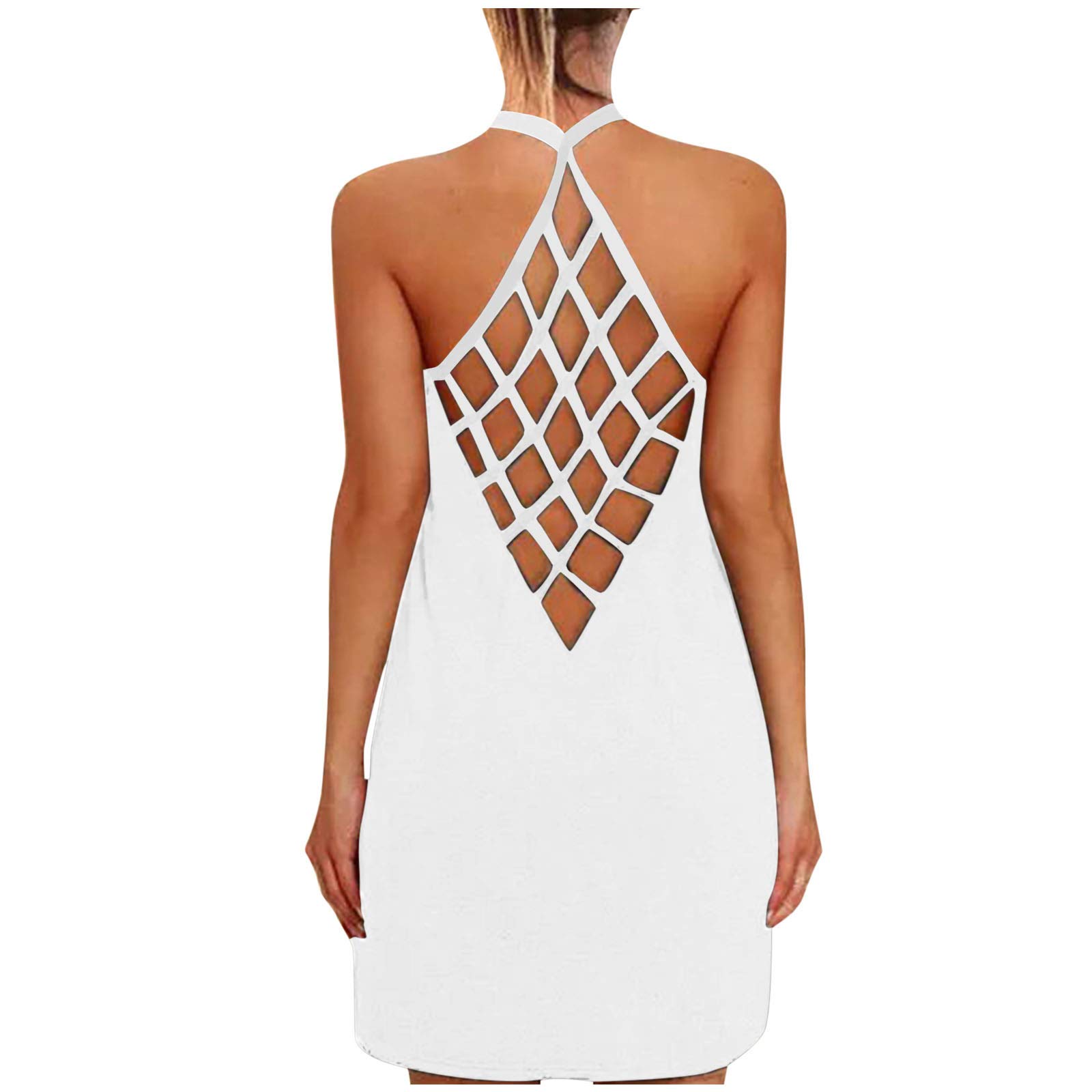 FABIURT Women's Summer Dresses - Casual Sleeveless Halter Neck Mini Sundress, Beach Boho Tank Dress & Maxi Dress for Vacation | White Flowy Dress for Pool Party, Seaside Outing & Summer Date Night