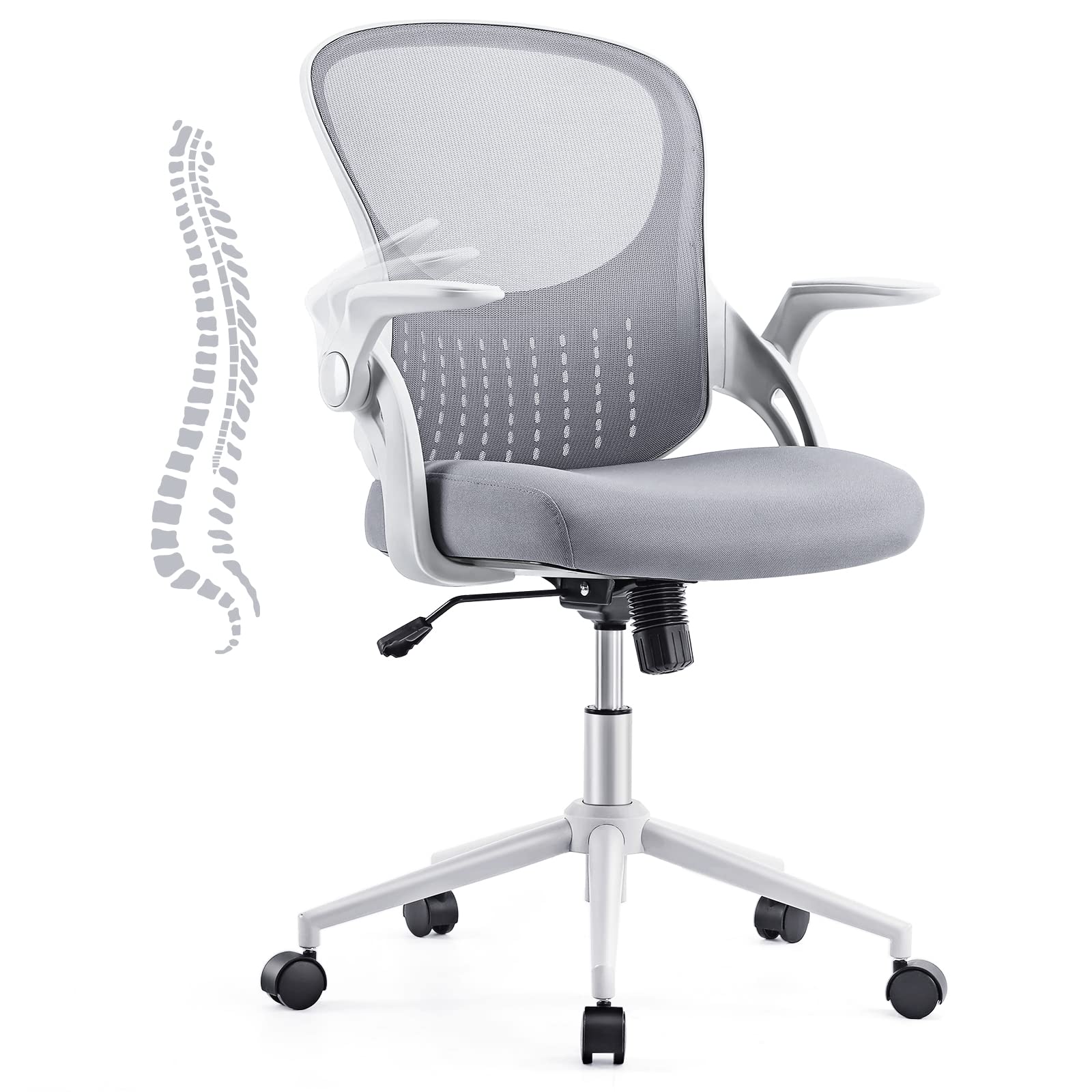 Ergonomic Office Chair with Lumbar Support - Adjustable Mesh Computer Desk Chair with Flip-up Armrests for Home Office, Study & Conference Room - Grey - Perfect for Long Work Hours & Video Meetings