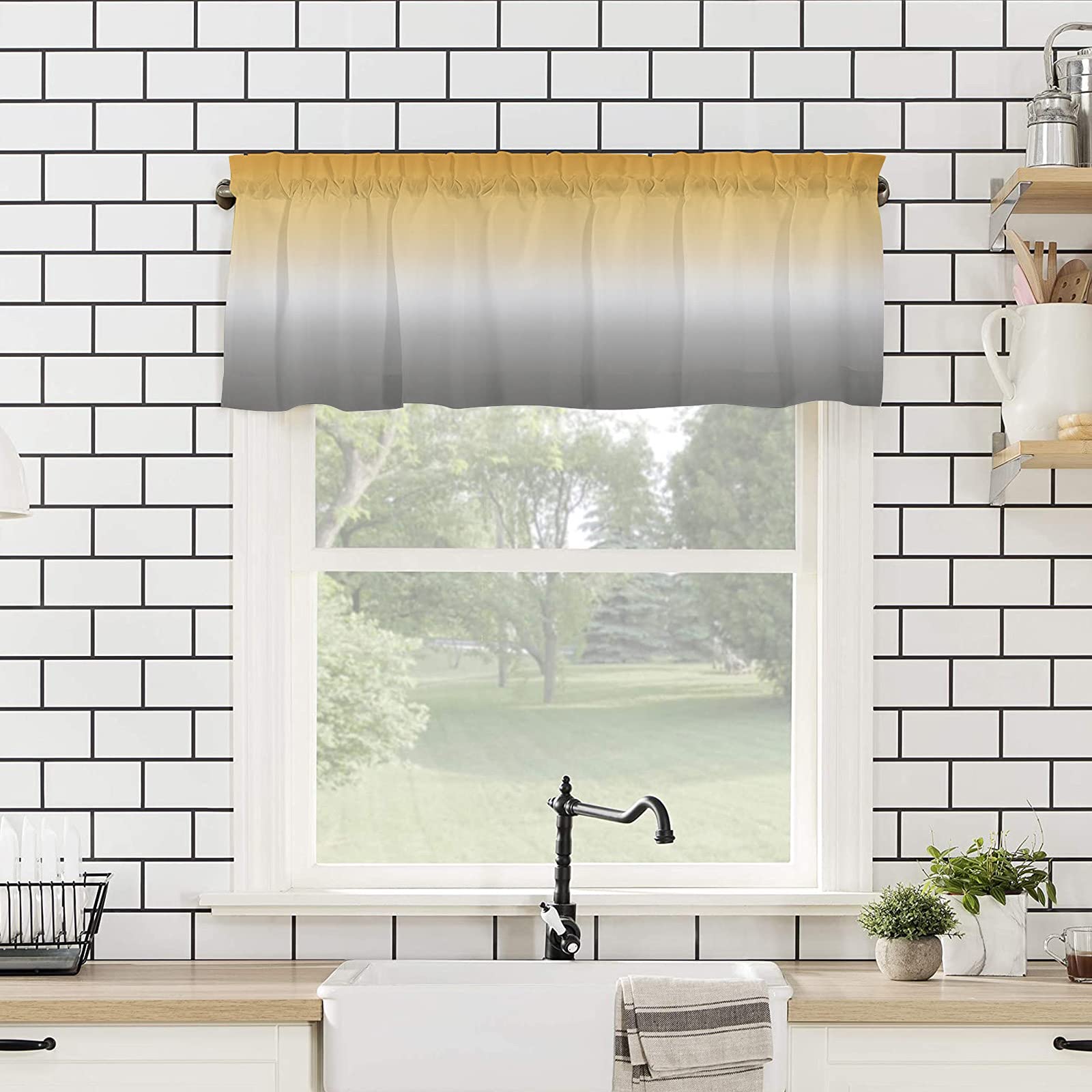 Ombre Yellow Gray Window Valance Curtain - Rod Pocket Design for Living Room, Kitchen, Bathroom - Soft & Washable Small Window Treatment (54x18 Inch, 1 Panel) - Perfect for Cozy Home Decor & Small Window Covering Needs