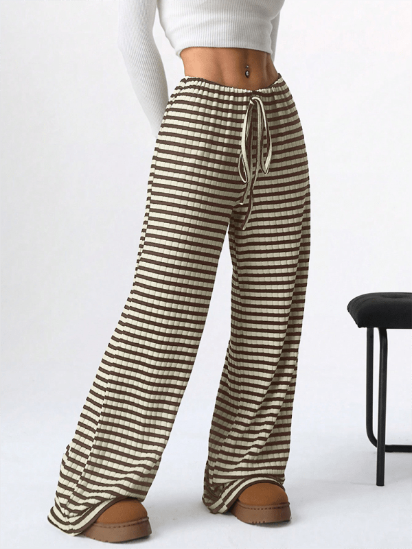 Women's Casual Striped Drawstring Straight Leg Pants with Elastic Waist - Comfortable Lounge & Travel Pants for Everyday Wear