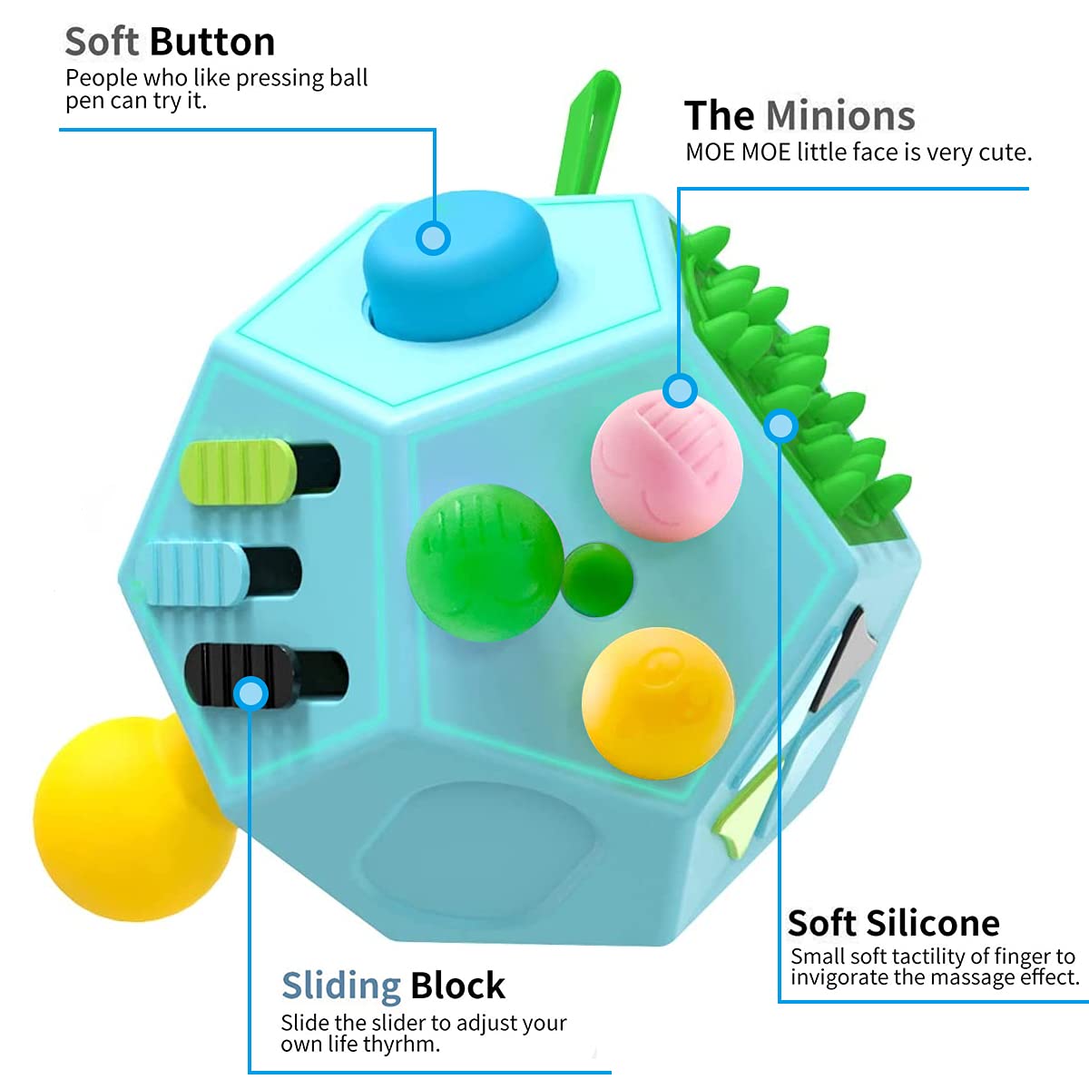PAPOLGO 12-Side Fidget Cube Toy for Stress Relief & Anxiety - ADHD, Autism Sensory Toys for Kids & Adults - Focus & Boredom Buster - Perfect for Office, School, Travel (Blue / B3)