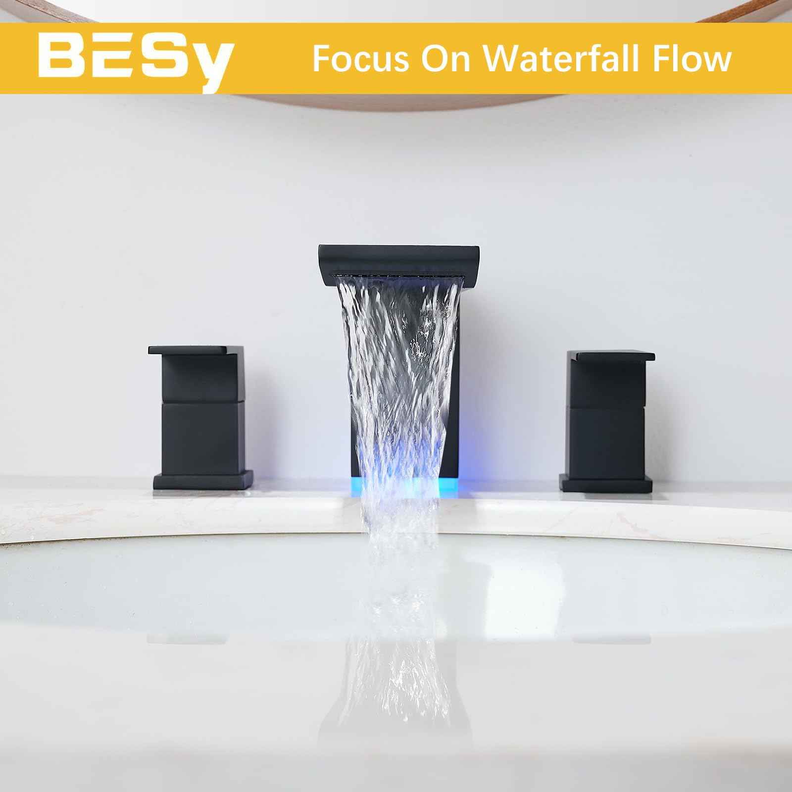 BESy LED 3-Hole Bathroom Sink Faucet - Modern Waterfall Bathroom Faucet with Motion Sensor for Vanity, Powder Room & Guest Bath | Energy Efficient & Touchless Design