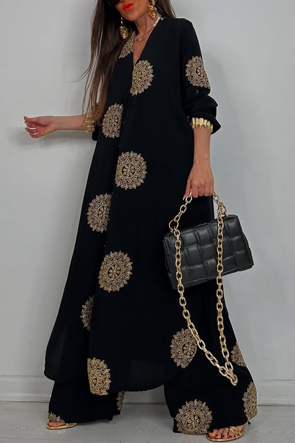 Stylish Printed V-Neck Long Sleeve Top with Elastic Waist Casual Pants Set - Women's Comfortable Lounge & Work From Home Outfit