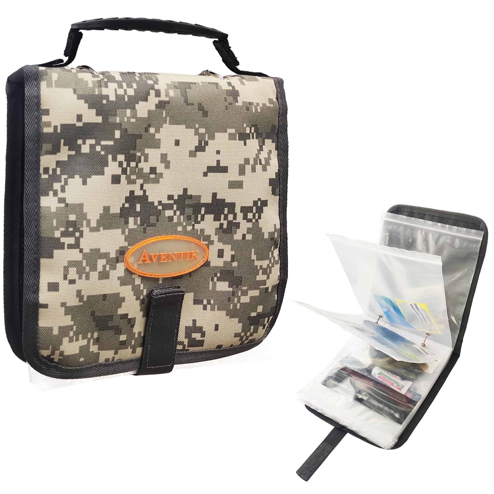 Aventik Fishing Tackle Binder - Waterproof Soft Bait Organizer Storage Bag 8.5x8.5x1.1 Inch - Camouflage Design for Saltwater & Freshwater Fishing Gear Protection - Perfect for Boat, Kayak and Shore Fishing Trips