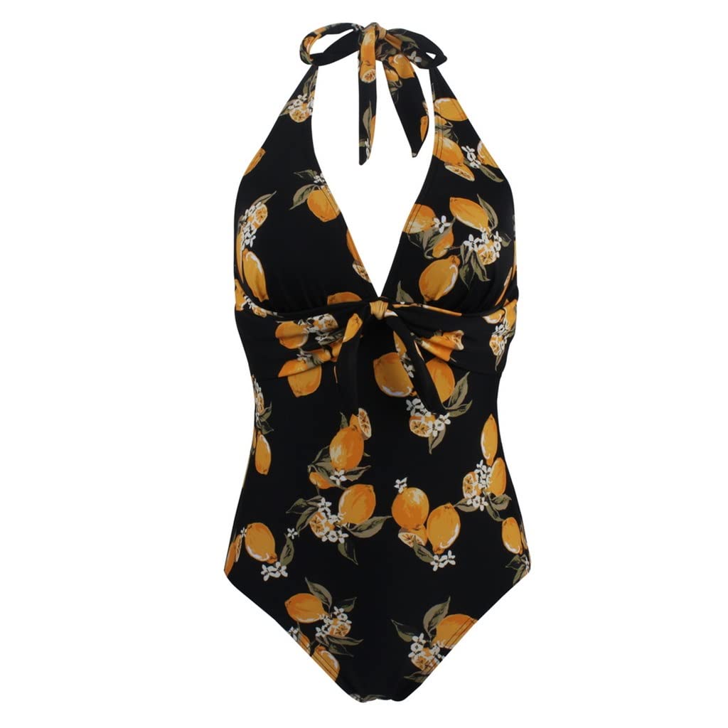 **DKJGH Women's Sexy Deep V-Neck Halter One-Piece Swimsuit - Plus Size Bathing Suit with Floral Print (Yellow, Size M) - Perfect for Beach, Pool, and Summer Vacations**