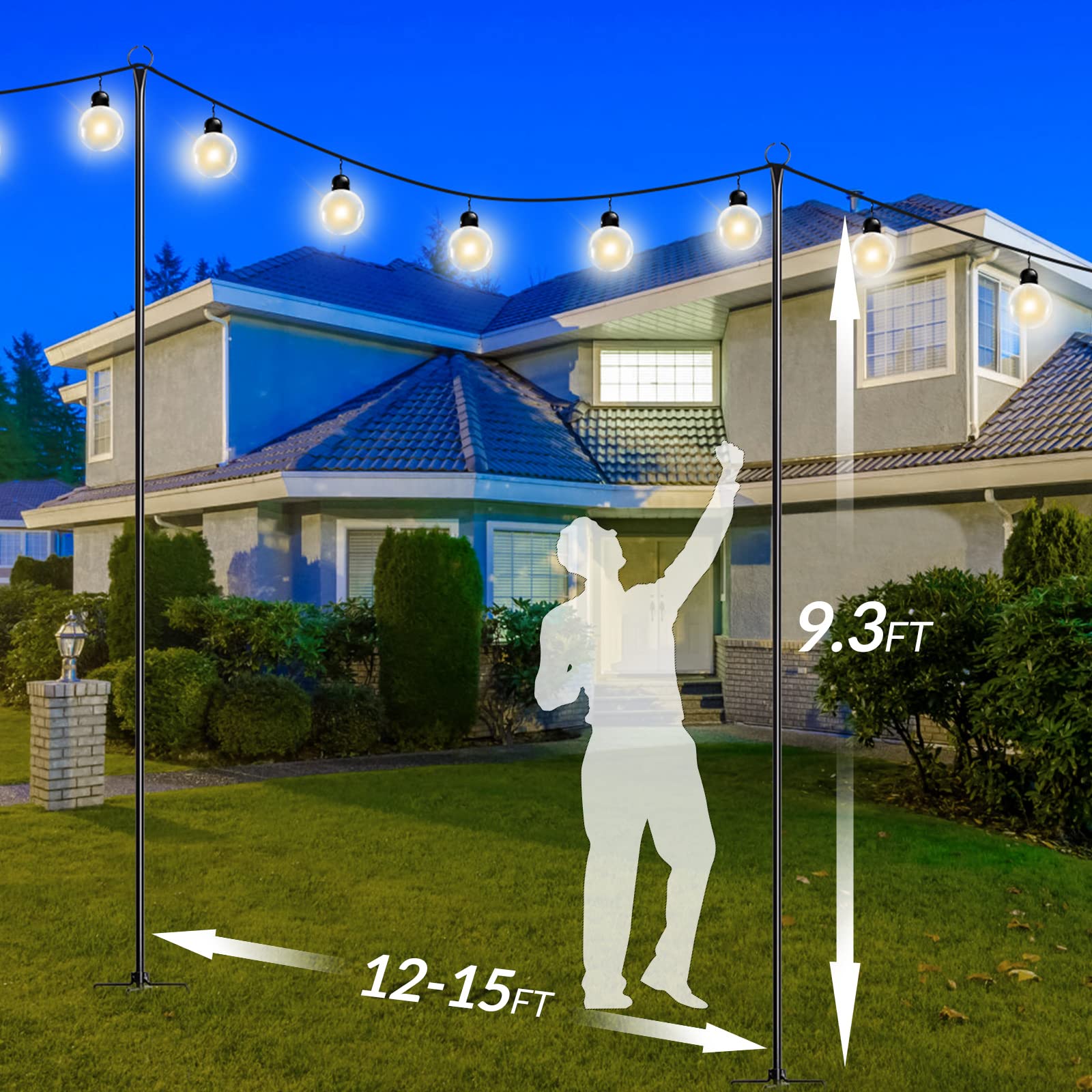 Walensee 4 Pack String Light Poles with Hook - 9.4FT Outdoor Metal Lighting Poles for Hanging String Lights - Garden & Patio Decor - 5-Prong Fork Steel Stand Holder - Perfect for Holidays, Weddings, Easter, Parties & Backyard Gatherings - Create Magical Outdoor Ambiance