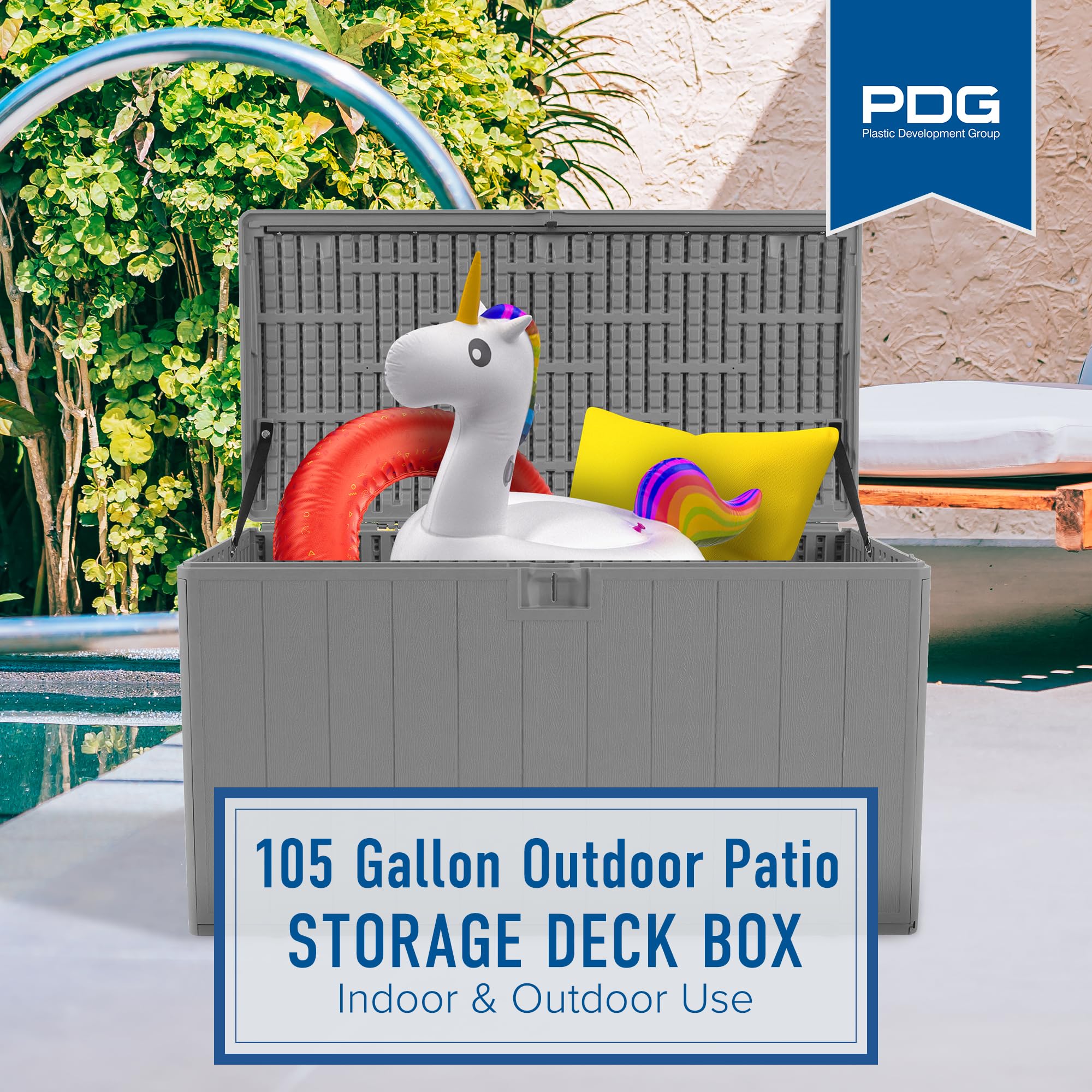 105 Gallon Outdoor Deck Storage Box with Soft Closure - Durable Plastic Deck Box for Patio, Garden & Backyard Organization - Weatherproof & Spacious Gray Storage Container