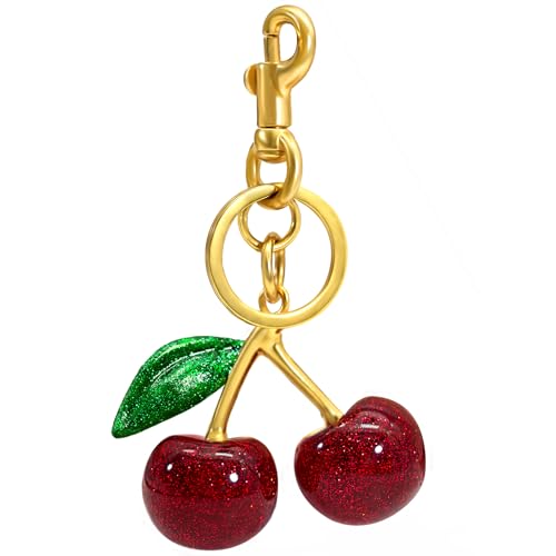 Gold Keyring-red Cherry With Green Leaf