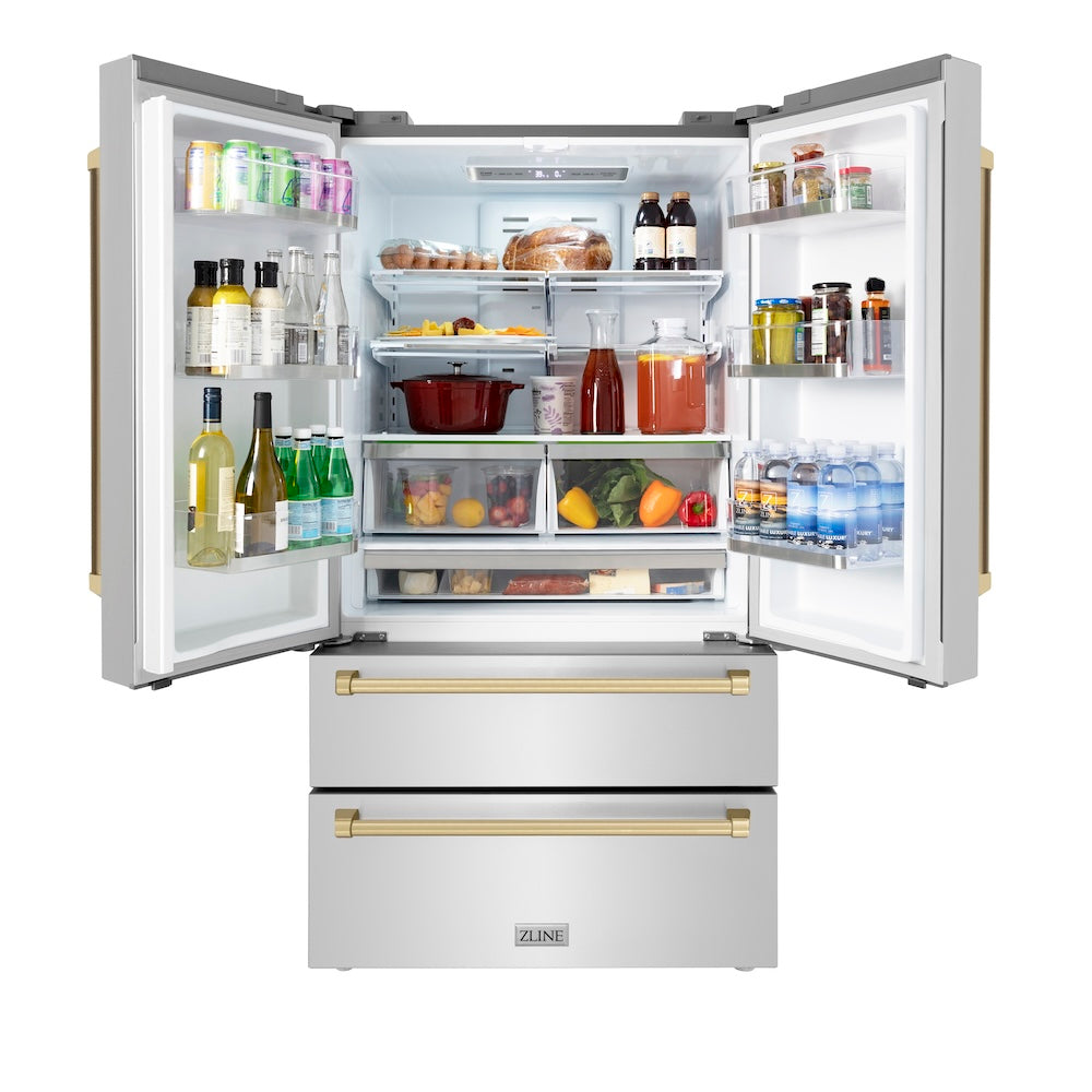 ZLINE Autograph Edition 36 Inch Counter Depth French Door Refrigerator - 22.5 cu.ft Capacity with Ice Maker, Fingerprint Resistant Stainless Steel & Champagne Bronze Handles (RFMZ 36 CB) - Perfect for Modern Kitchens, Open Concept Homes & Entertaining Spaces