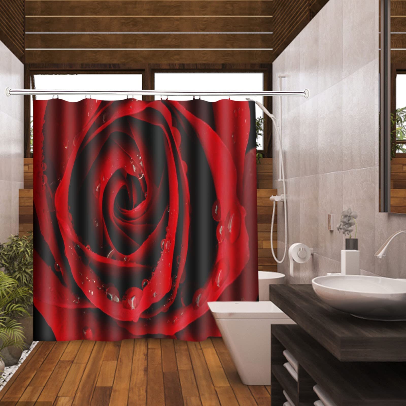 Valentine's Day Red Rose Shower Curtain Set - Waterproof Bathroom Decor with 12 Hooks | Romantic Floral Bath Curtain for Couples Gift, Anniversary & Wedding Decor