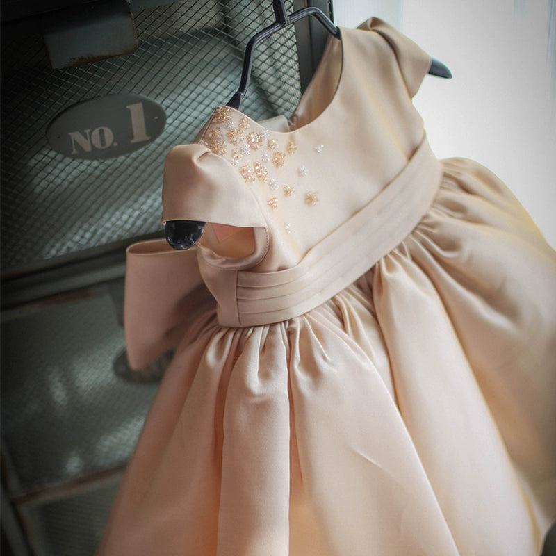 Champagne Princess Round Tea Length Satin Flower Girl Dress for Weddings, Bridal Showers & Special Occasions