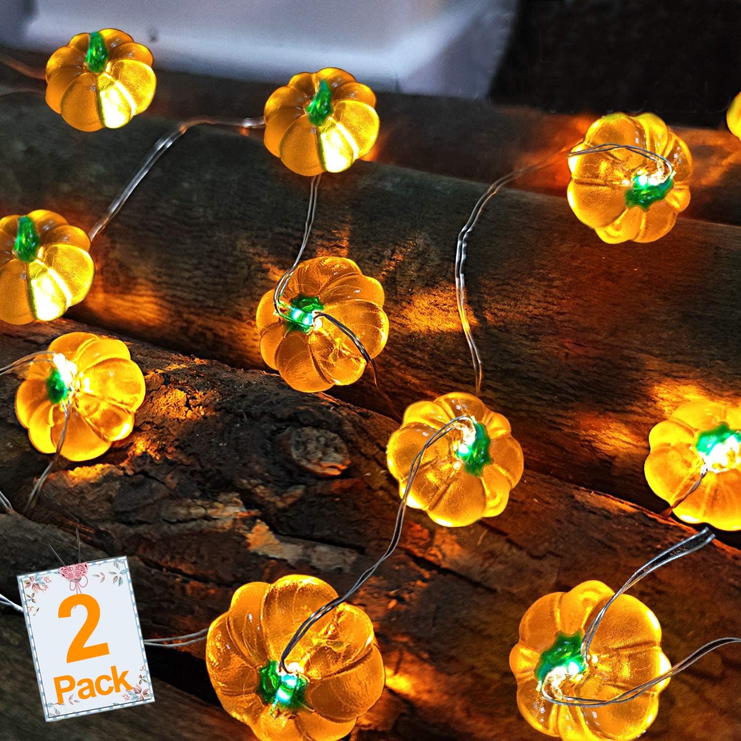 2 Pack 3D Fall Pumpkin String Lights - 20Ft 40LED Warm White Battery Operated Orange Lights for Thanksgiving, Halloween & Home Decor - Indoor Thanksgiving Decor, Fall Table Centerpiece, Porch Lighting, Party Decorations