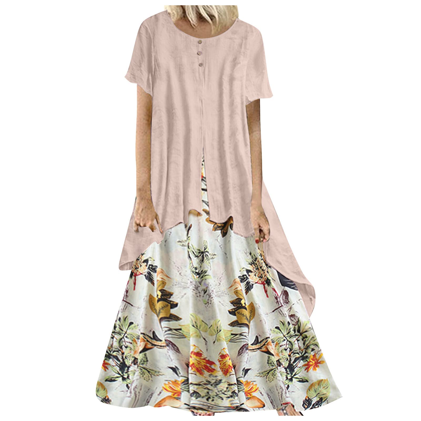 RIJJTRP Women's Elegant Ethnic Print Dress - Loose Neck Formal Gown for Wedding Guest, Party & Special Occasions