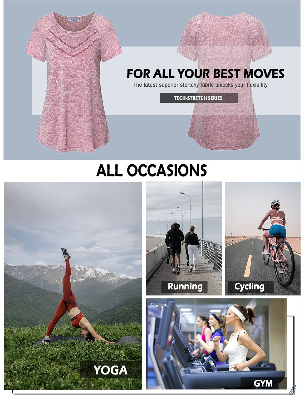 Vindery Women's Quick-Dry Yoga Shirts - Breathable Loose Fit Workout Tops with Front Line Design for Gym, Running & Outdoor Activities