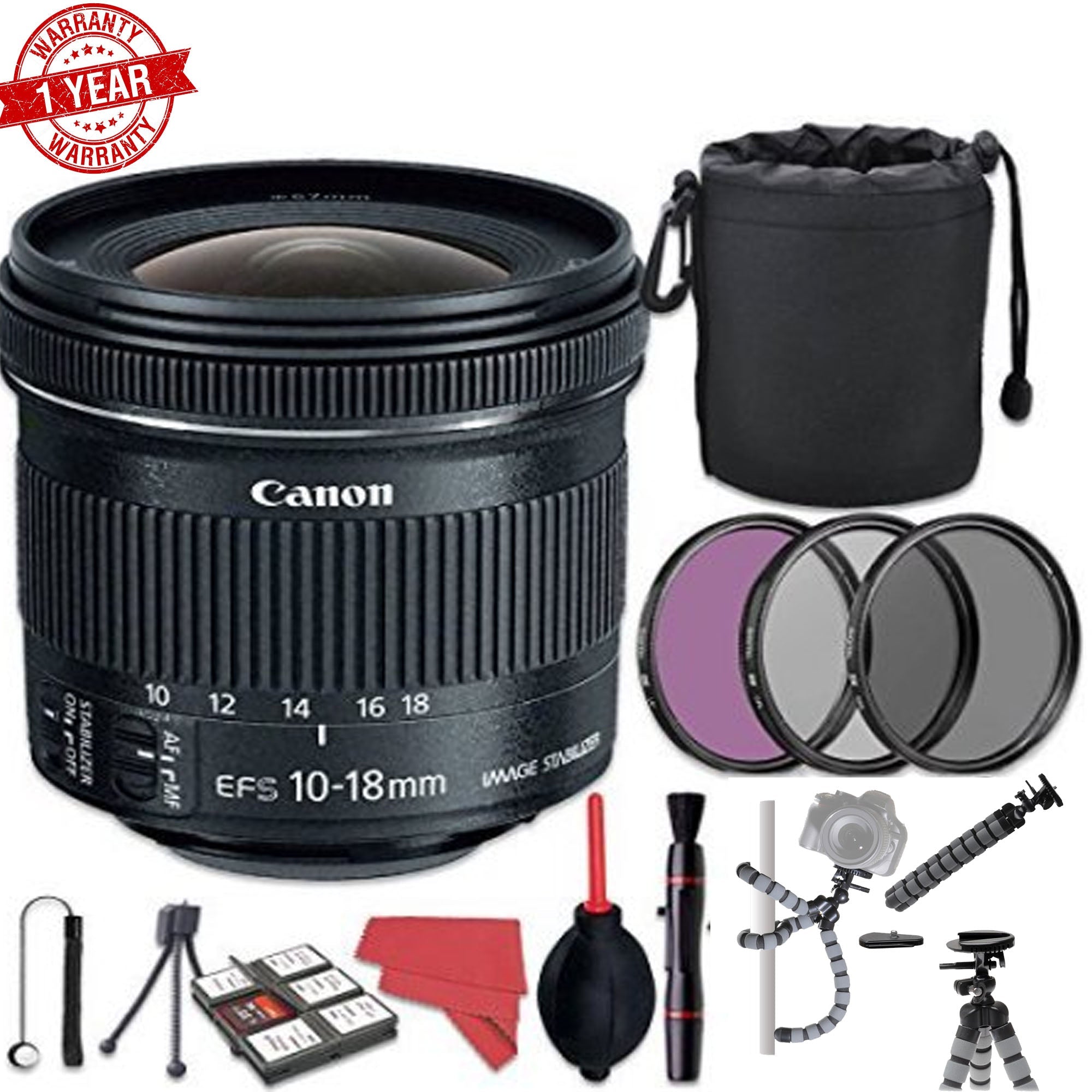 Canon EF-S 10-18mm f/4.5-5.6 IS STM Wide-Angle Zoom Lens with Filter Kit, Cap Keeper, Cleaning Kit, MC Wallet, Lens Pouch & Tripod Bundle for Landscape & Travel Photography