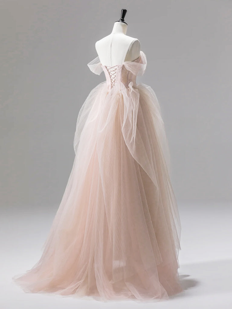 Elegant Off-Shoulder A-Line Tulle Lace Prom Dress in Champagne Pink - Long Formal Gown for Homecoming, Wedding, and Special Occasions