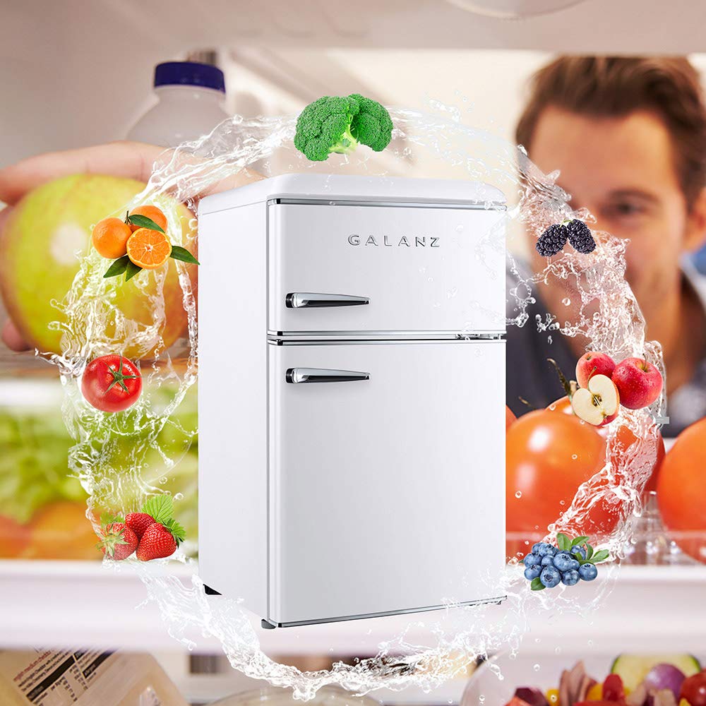 Galanz 3.1 Cu Ft Retro Mini Fridge with Freezer - Compact Dual Door Refrigerator, Adjustable Thermostat, White - Perfect for Dorm, Office, Bedroom & Small Spaces