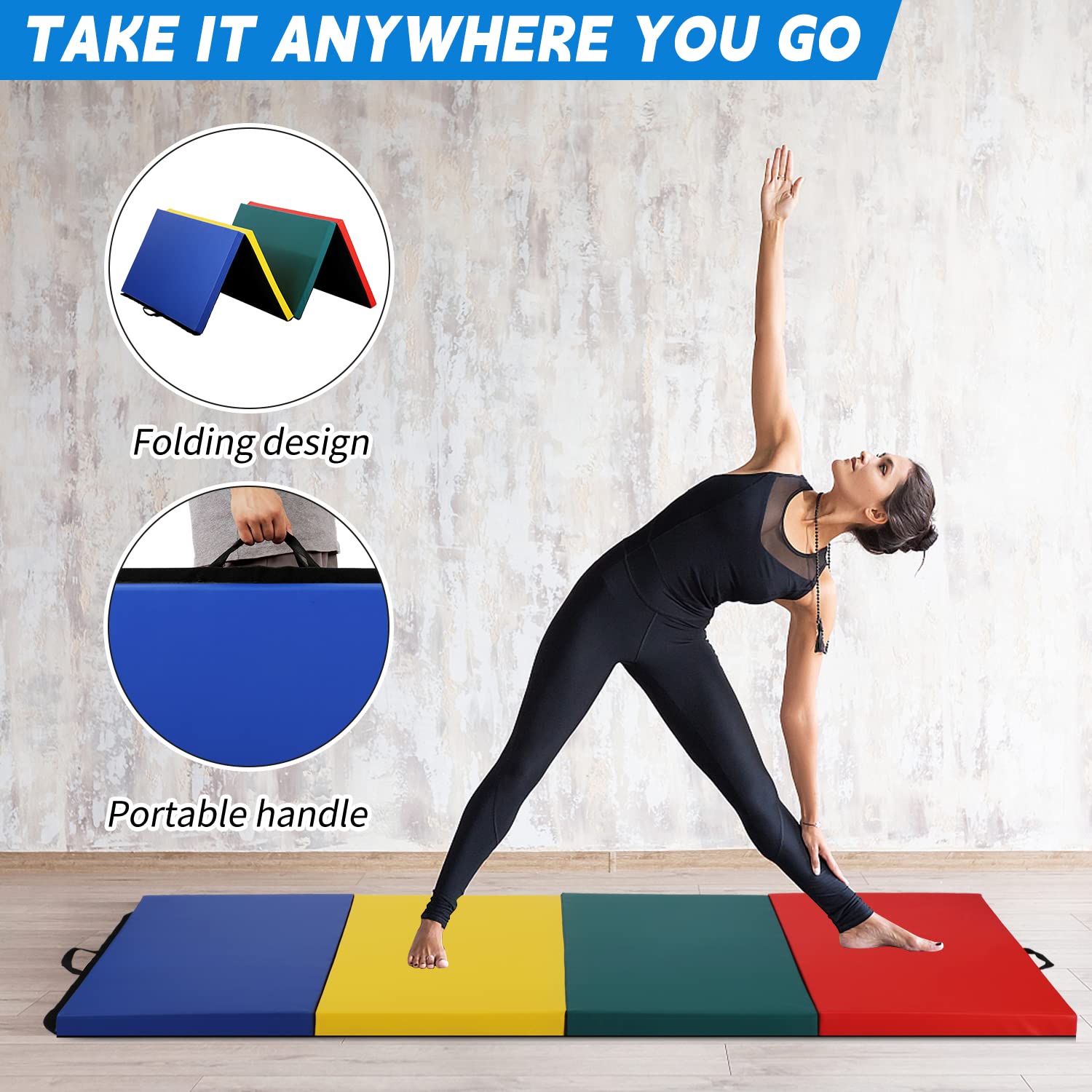BLKMTY 4-Fold Gymnastics Mat - Thick Tumbling Exercise Mat for Indoor/Outdoor Yoga, Aerobics, Home Workout - Non-Slip Gym Floor Mat with Carry Handle - Perfect for Gymnastics Training, Fitness Routines & Kids Play Area