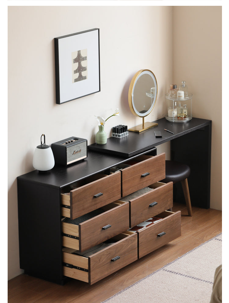 Premium Black Walnut & Oak Solid Wood Italian Vanity Dressing Table - Elegant Light Luxury Makeup Desk for Bedroom, Boudoir, and Master Bathroom