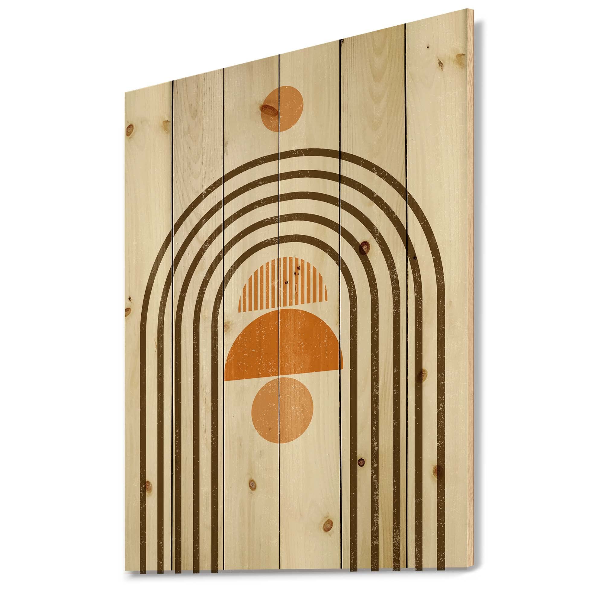 Abstract Rainbow Sun and Moon Wood Wall Art - Earth Tone Modern Geometric Wall Decor, Large Orange Pine Wood Panel for Living Room & Bedroom
