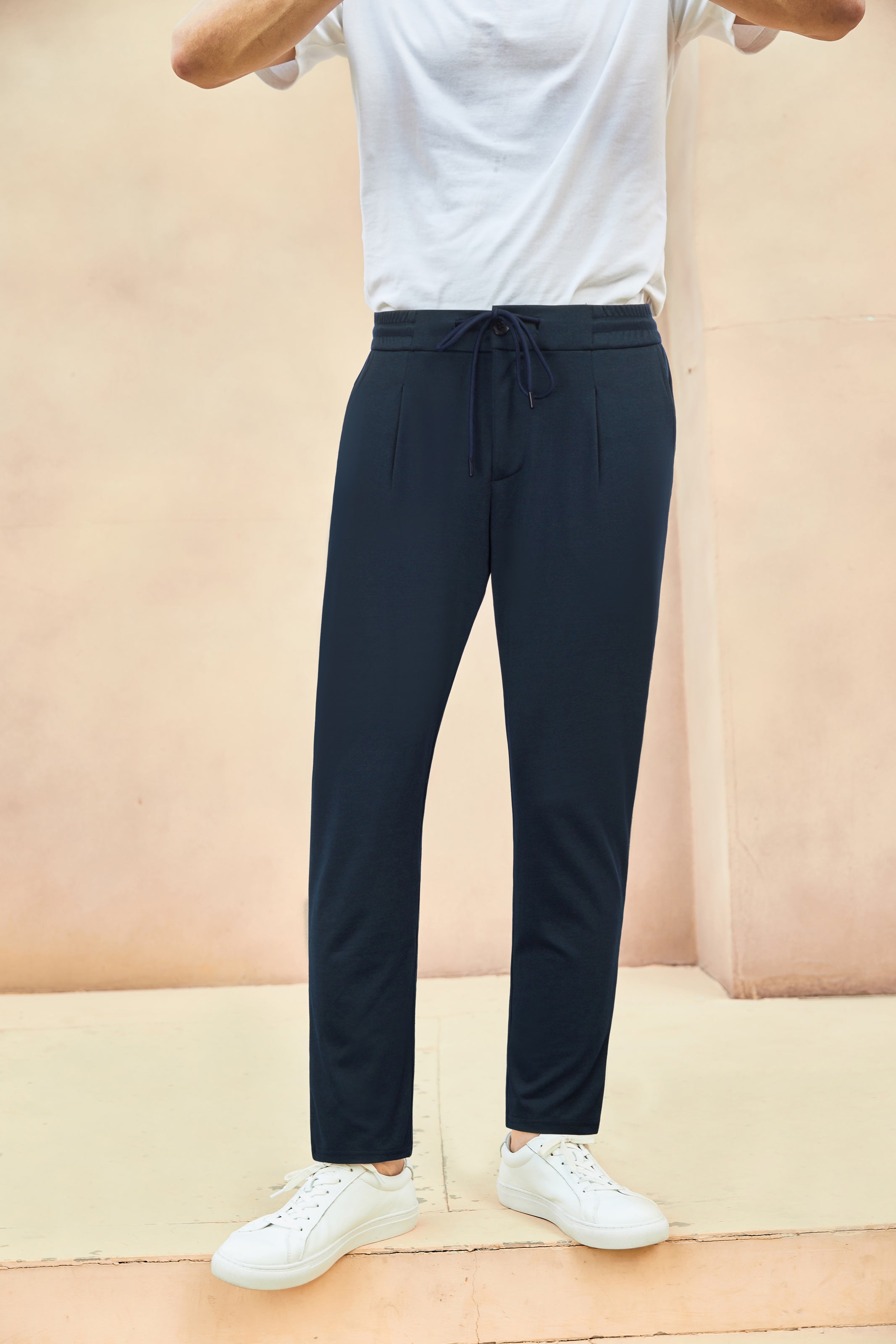 Men's Stretch Knit Casual Pants with Elastic Waist & Drawstring - Comfortable Regular Fit for Work, Travel & Lounge Wear