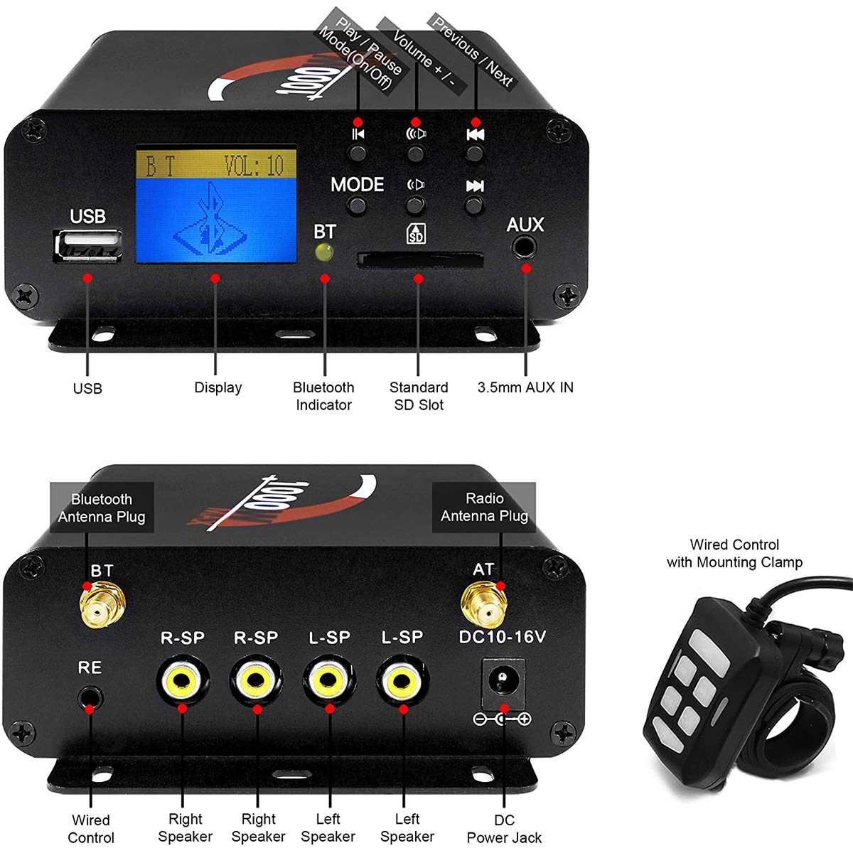 Aileap 1000W 4 Channel Waterproof Bluetooth Motorcycle Amplifier & Speaker System with FM Radio - 4