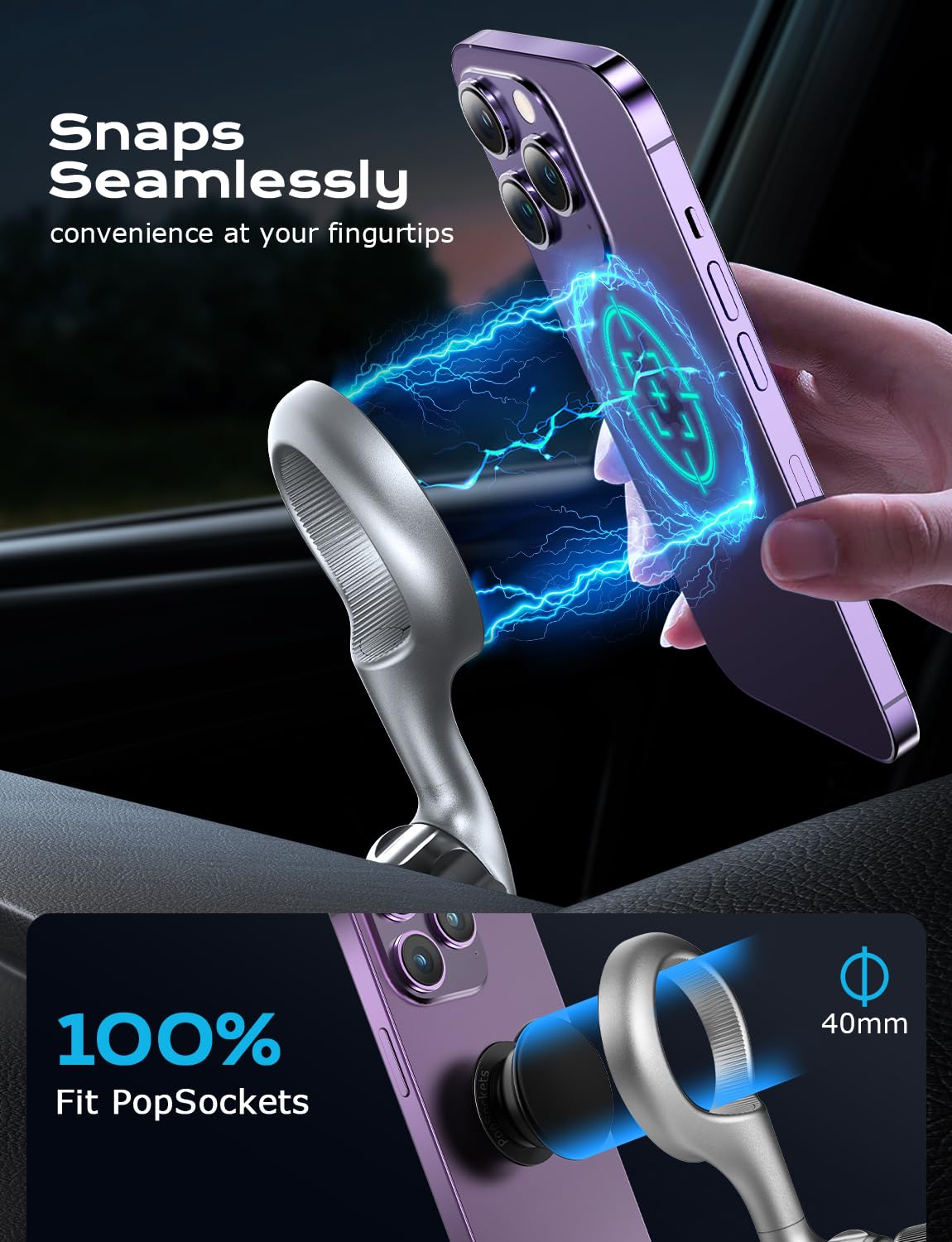 Strong 20-Magnet Car Phone Mount Holder - Ultra Flexible Magnetic Vent Mount for iPhone, Samsung, Google Pixel (Silver) | Secure & Hands-Free Driving, GPS Navigation, Streaming Music