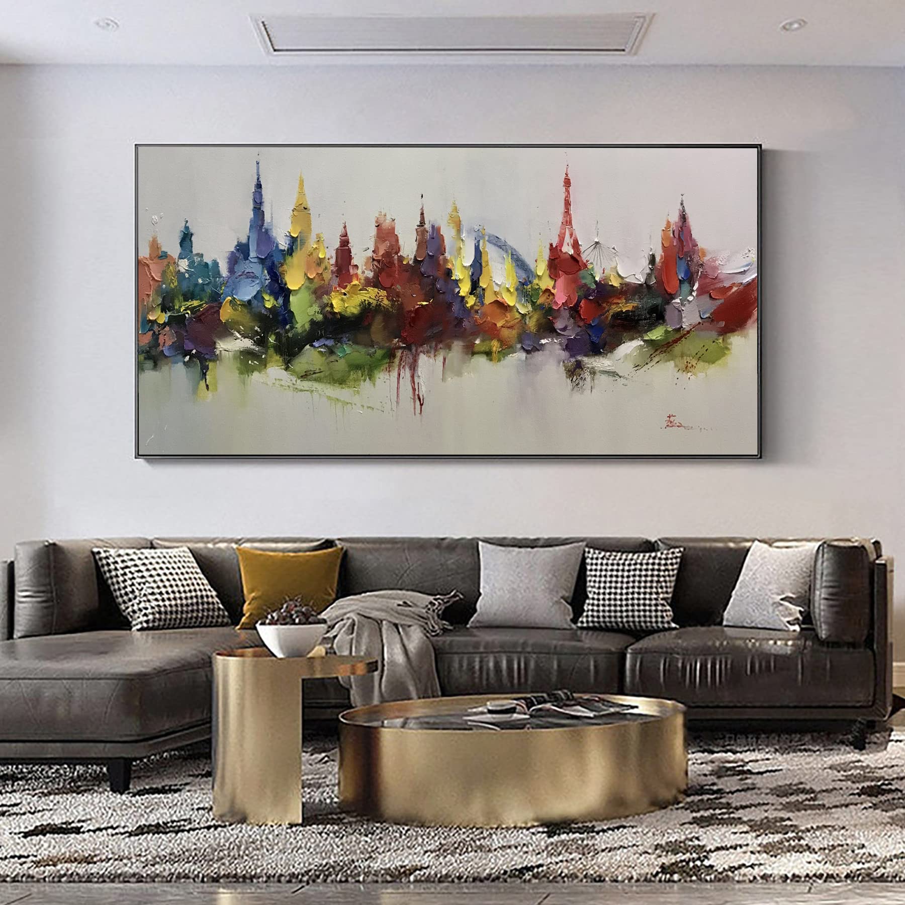 Abstract New York City Skyline Oil Painting on Canvas - Large Modern Wall Art Decor for Living Room, Office & Bedroom