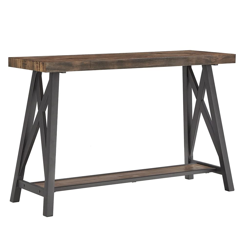 Bryson Rustic X-Base Sofa Table - Classic Brown Wood Finish Veneer & MDF Console Table for Entryway, Living Room, Hallway | Durable Coffee Table with Storage Shelf