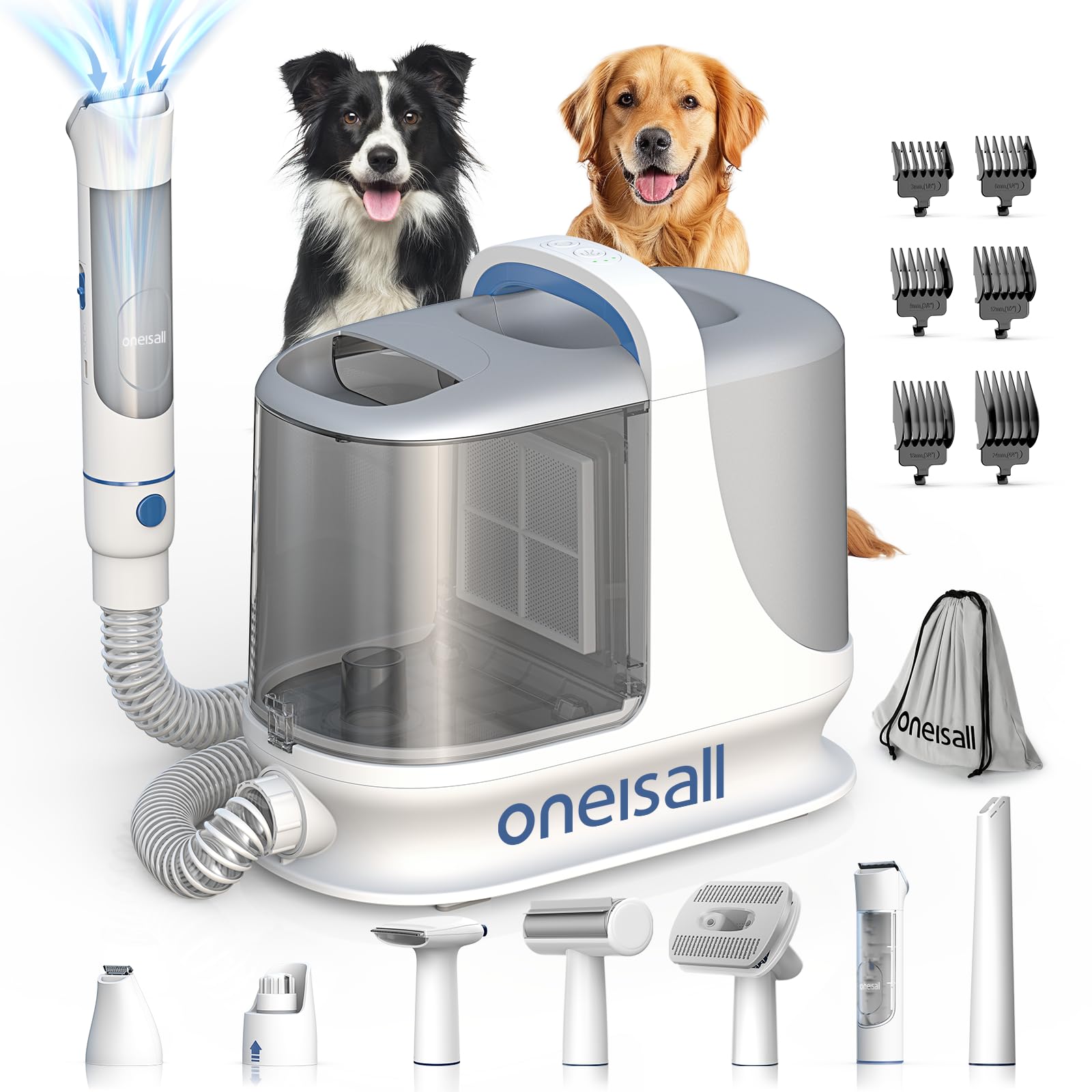 Oneisall Dog Grooming Vacuum - 13000Pa Powerful Pet Hair Vacuum with 7 Grooming Tools (Clippers & Shedding Brush), 3L Dust Cup, 3 Suction Levels, Ultra Quiet BM3 - Perfect for Home Pet Grooming & Shedding Control