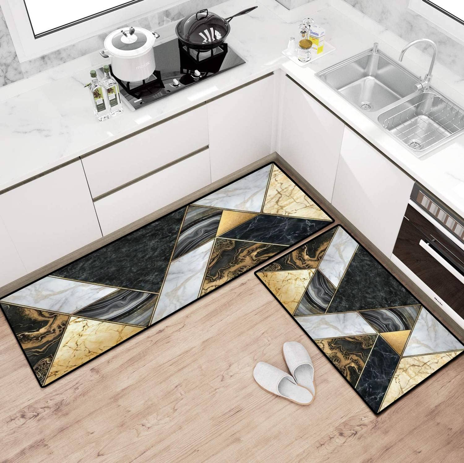 Abstract Marble Mosaic Kitchen Rugs Set - Non-Slip Washable Floor Mat, Runner & Bath Rug - Art Deco Style Standing Comfort Mats for Kitchen, Entryway & Bathroom Decor