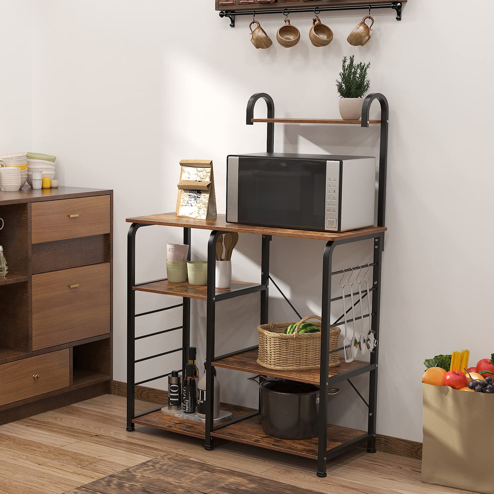 SOGES Microwave Cart Stand with Storage Shelves - Multi-Functional Kitchen Baker's Rack Utility Cart, Workstation Shelf for Baking, Spice Rack Organizer - Perfect for Small Kitchen, Apartment, Dorm (Brown)