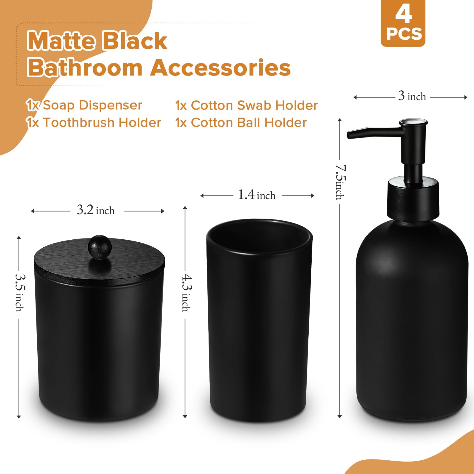 Modern Matte Black Bathroom Accessories Set - 4-Piece Bathroom Decor Kit with Glass Soap Dispenser & Toothbrush Holder | Counter Organizer Essentials for Stylish Bathrooms, Home Decor & Housewarming Gifts