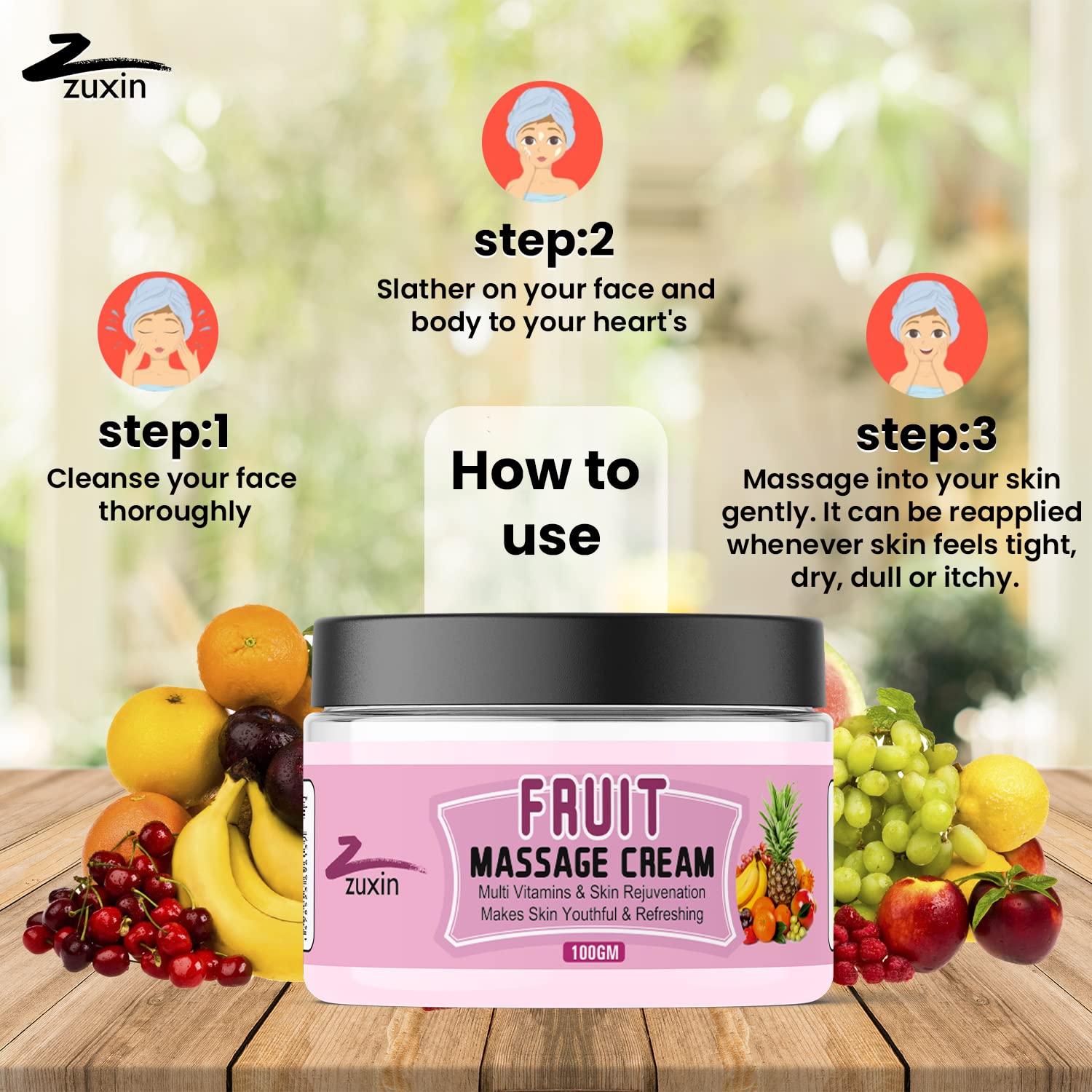 ZUXIN 100ml Fruit Massage Cream with Multi Vitamins - Skin Rejuvenation & Youthful Glow | Hydrating & Refreshing for Face & Body | Perfect for Spa, Home Massage & Skincare Routine